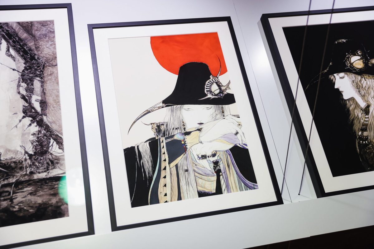 Vampire Hunter D &mdash; original illustration showing the dhampir's iconic wide-brimmed hat and pale features against a red sun, flanked by ink drawings from the novel series