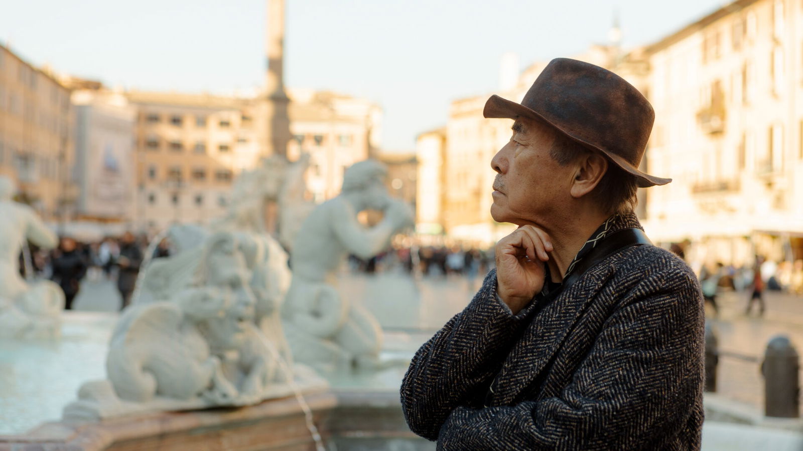 Yoshitaka Amano at Piazza Navona &mdash; the artist in Rome, where three new paintings exploring Greek and Roman mythology were created for the exhibition