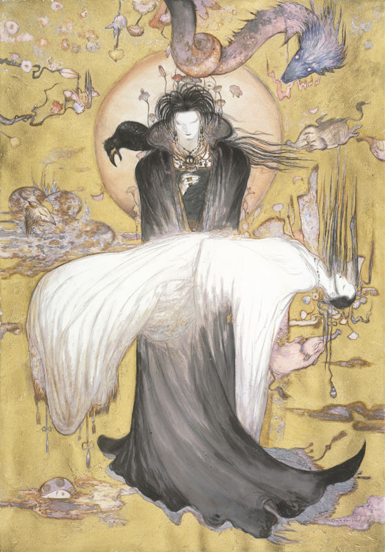 Dark fantasy illustration &mdash; Amano's characteristic pale figures and translucent layering, the visual register shared across Vampire Hunter D, Sandman, and Elric