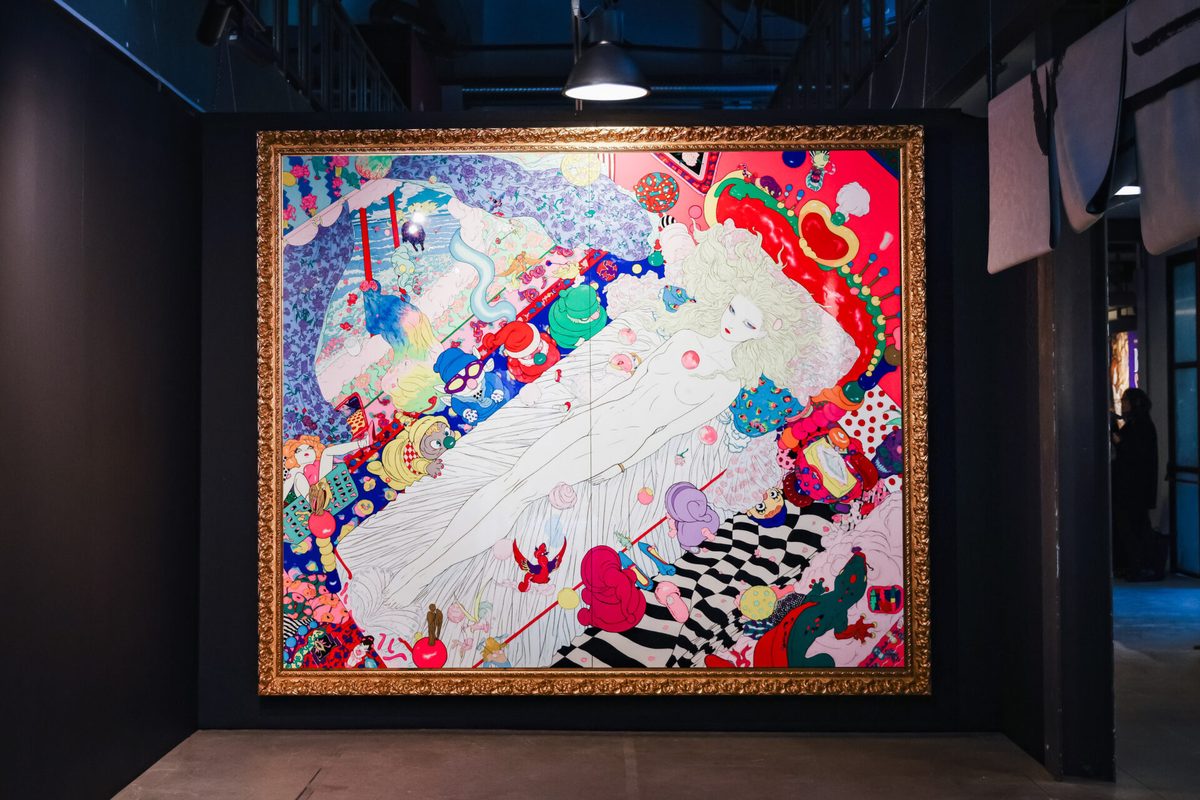 Free Spirit section &mdash; one of Amano's large-format gallery paintings in an ornate gold frame, representing his fine art practice outside commercial commissions
