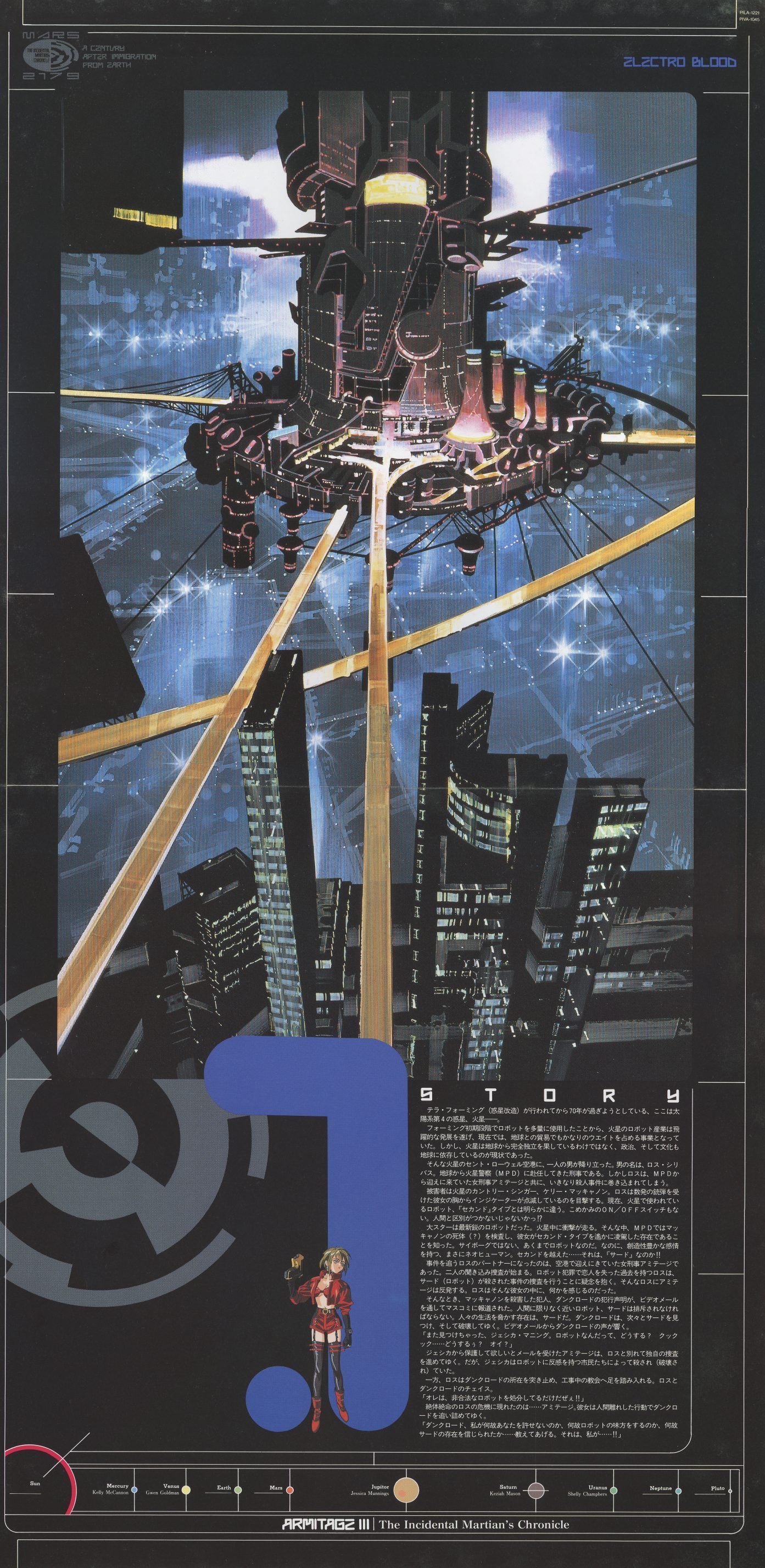 Volume 1 reverse — 'Electro Blood.' A Martian orbital station rendered in deep blue, the colony city stretching below. Armitage stands small at the bottom of the frame. Story synopsis in the lower third.