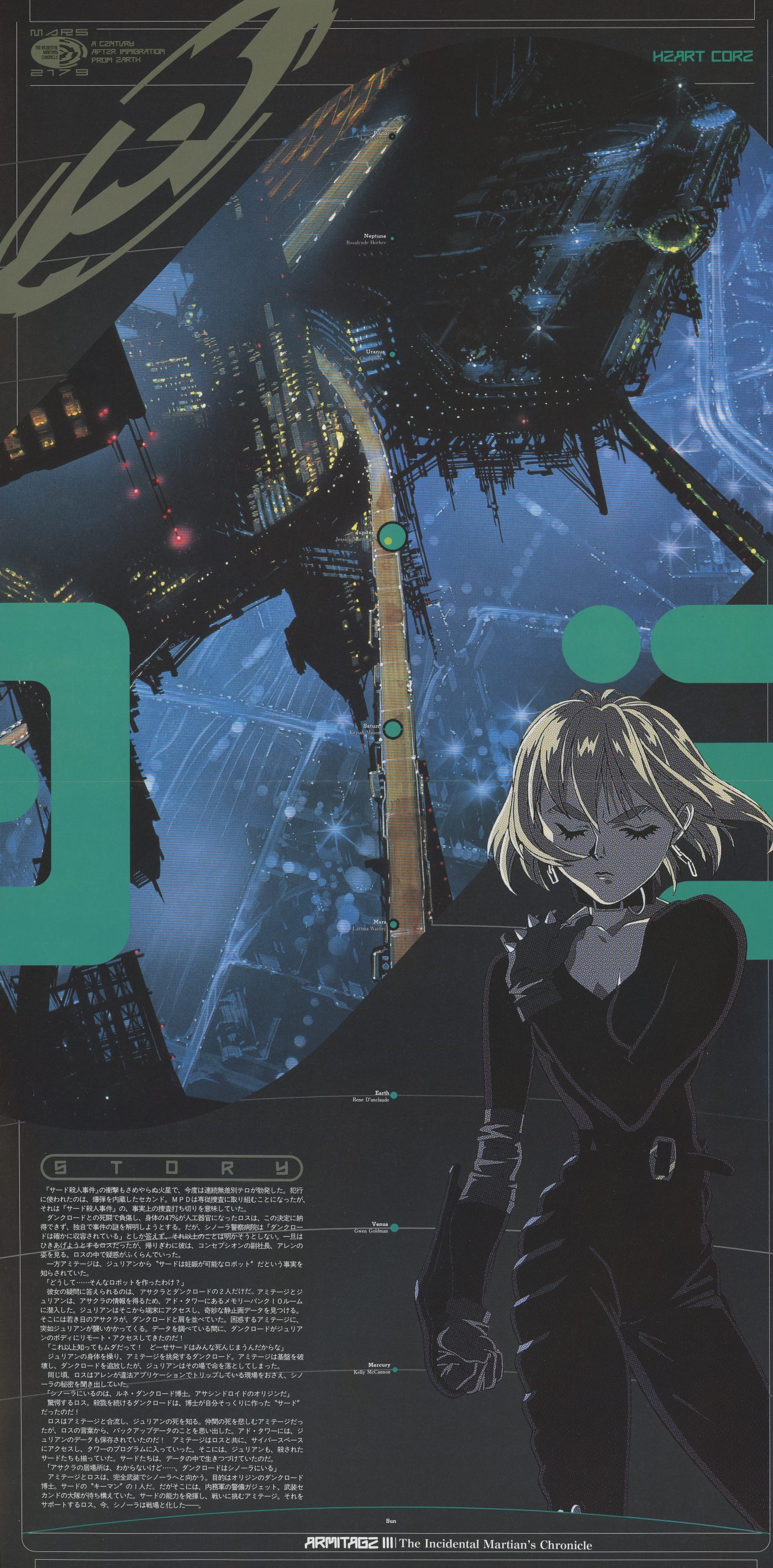 Volume 3 reverse — 'Heart Core.' The Martian cityscape at its darkest: massive structures in shadow, green targeting grid overlaid. Armitage in civilian clothes, eyes closed.