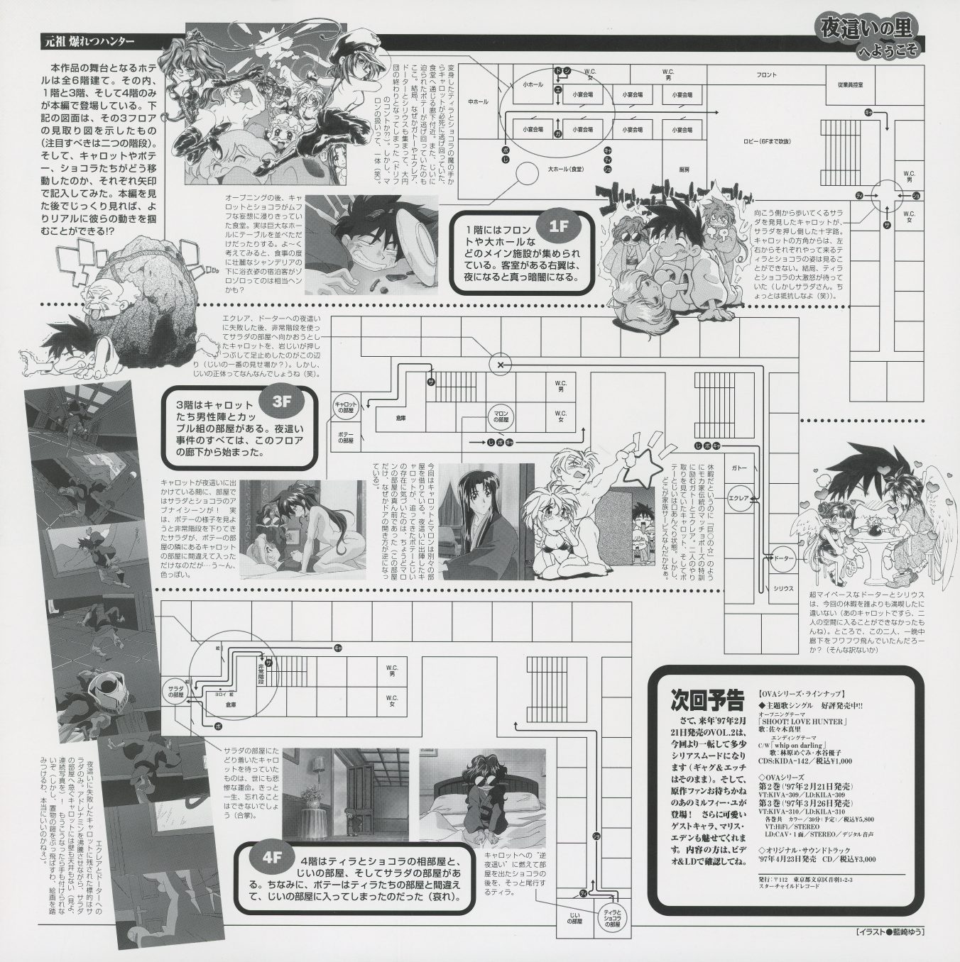 Vol.1 booklet — floor-by-floor layout diagram of the episode's inn. 1F: front desk and gathering area. 3F: Carrot's room and the male cast quarters. 4F: Tira and Chocolate's rooms. Episode stills placed on each floor alongside character annotations.