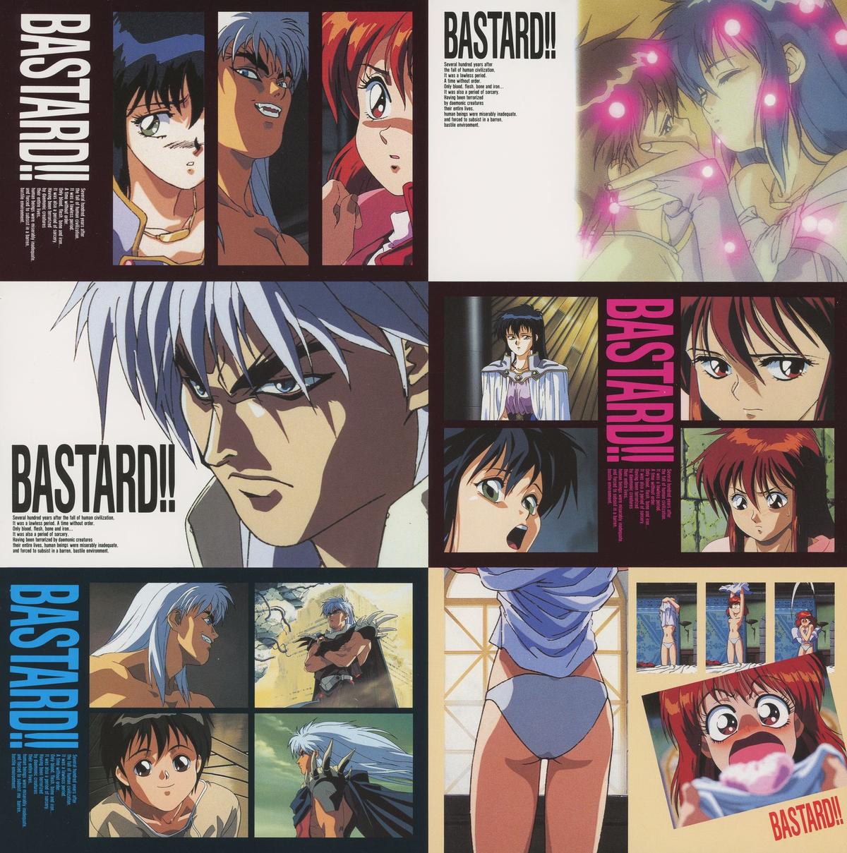 Vol.1 booklet — color promotional illustration spreads. Eight scenes in a grid, white borders. Episode stills and character compositions in Kitazume's OVA register — a loose preview of the series' visual range across the two episodes.