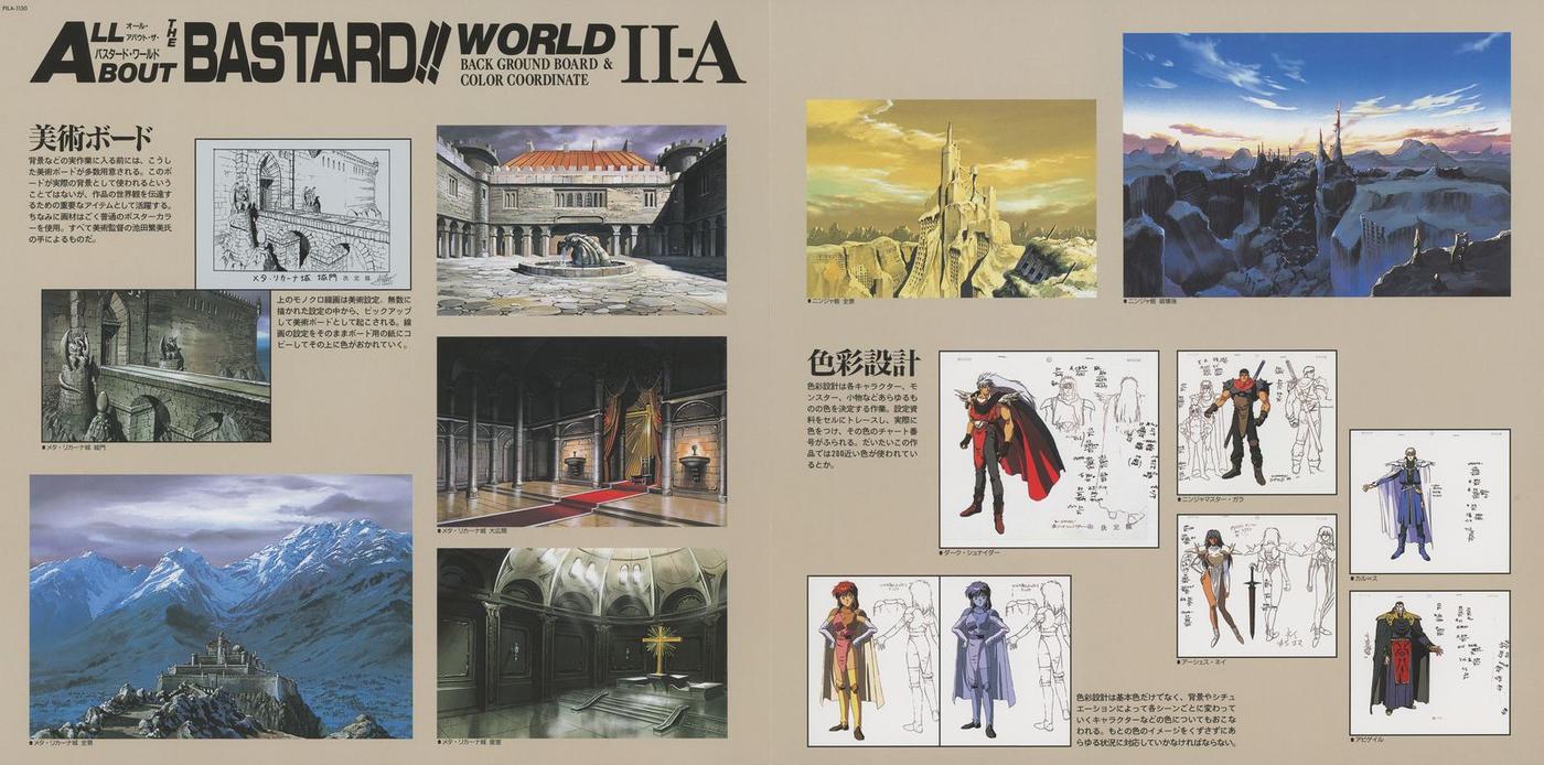 Vol.2 booklet, ALL ABOUT BASTARD!! WORLD II-A — BACK GROUND BOARD & COLOR COORDINATE. Left: art director 池田繁美's background boards — castle ruins, throne room interiors, mountain landscapes in full production color. Right: 色彩設計 (color coordinate) section — color reference cards for Dark Schneider, Yoko, and primary characters in production color values.