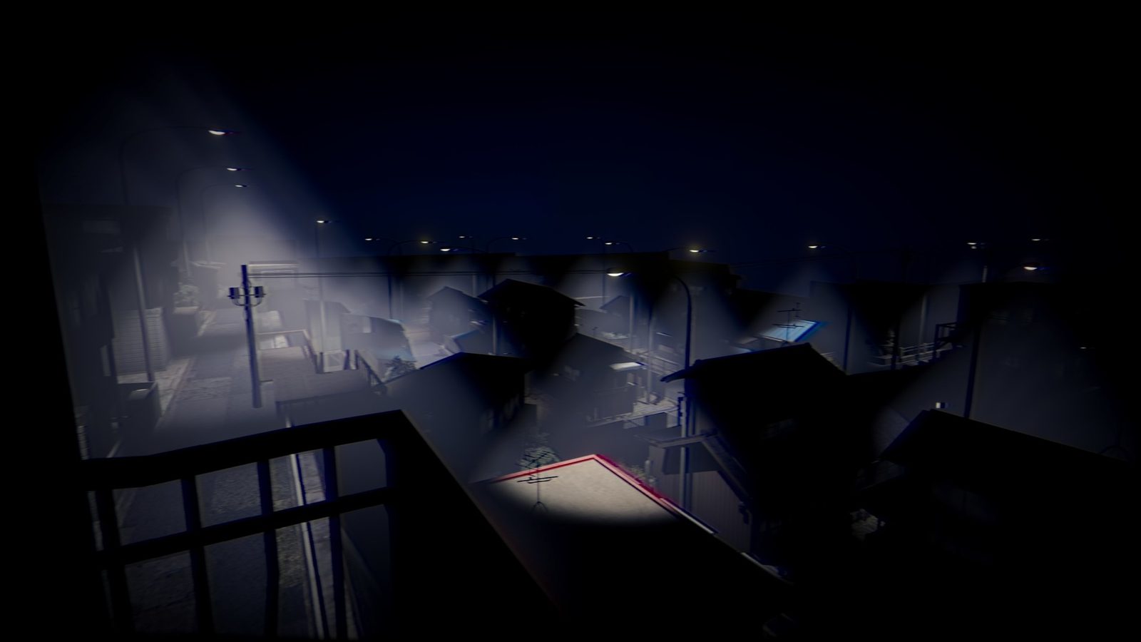 The Convenience Store — a Japanese neighbourhood at night, seen from a balcony. Streetlights cut through fog. The mundane made uneasy