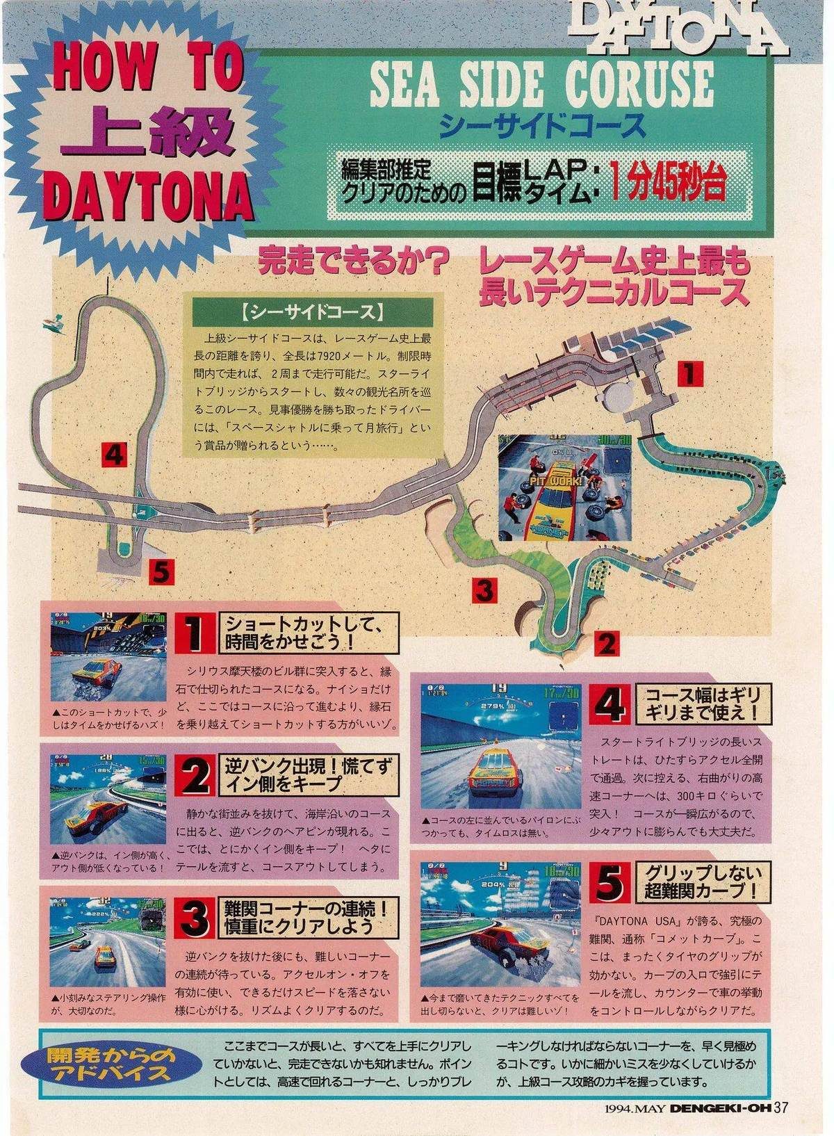 Page 37. Sea Side Course — advanced. 'レースゲーム史上最も長いテクニカルコース' (The longest technical course in racing game history). Target lap: 1 minute 45 seconds. Five sections detailed. The magazine calls it 'HOW TO 上級 DAYTONA' — the advanced class. [COURSE MAP / STRATEGY]