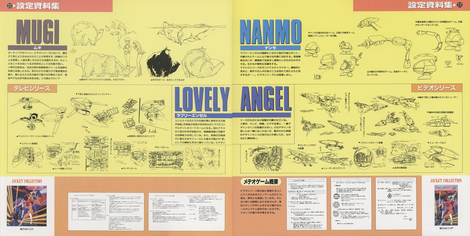 Booklet spread — 設定資料集: MUGI with TV/video variant comparison; NANMO orthographics; LOVELY ANGEL TV and video schematics with sub-craft variants; メカオゲーム設定 (mecha game settings) data table. The complete franchise hardware archived.