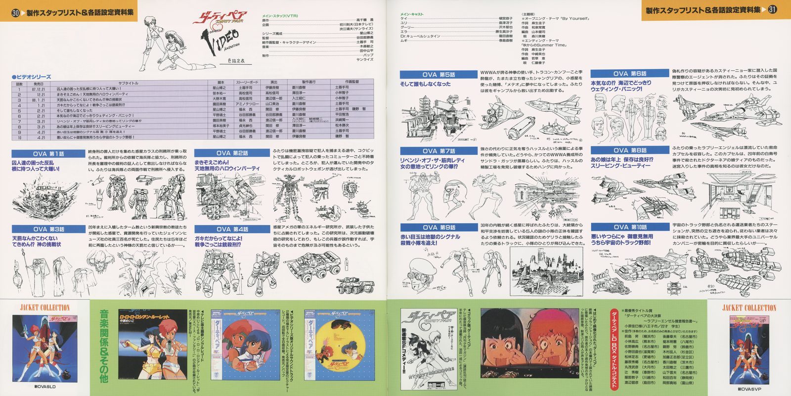 Booklet spread — ダーティペア video series: OVA series staff table at top; individual episode cards for OVA Episodes 1–10. The complete original new video series production record, structured identically to the TV series pages.