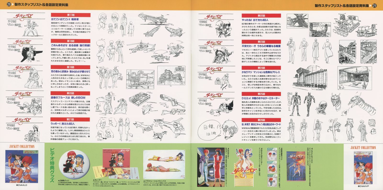 Booklet spread — Episode staff cards: TV Episodes 17–24 (the complete TV run) plus early OVA transitions. The TV series production record closes and the original new video series begins on the same spread.