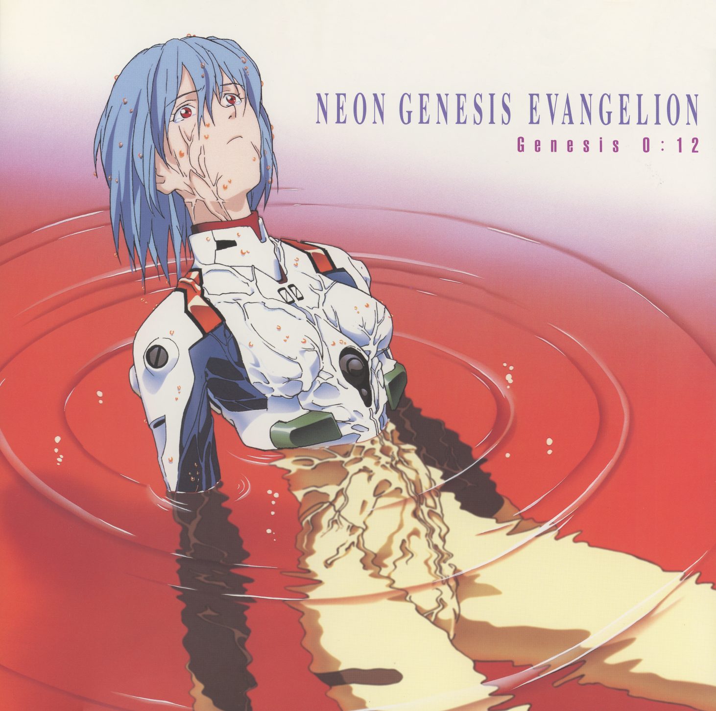 Genesis 0:12 — Rei Ayanami standing in red LCL. Damaged plugsuit, cherry blossoms. The image answers questions the series hasn't yet asked out loud. KILA-159.