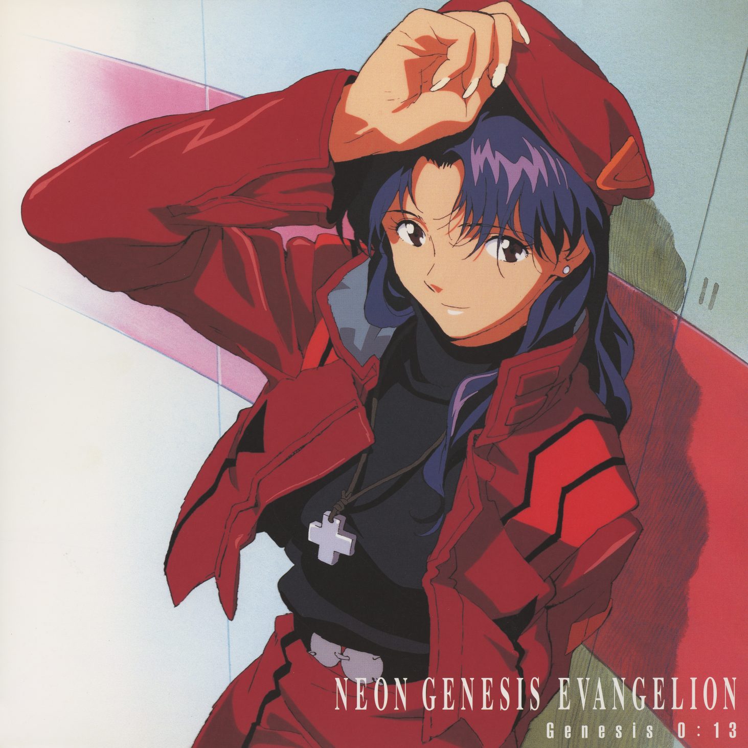 Genesis 0:13 — Katsuragi Misato. Red jacket, beret, cross necklace, a warm expression. The final jacket in the set is the only one that shows a character smiling. KILA-160.