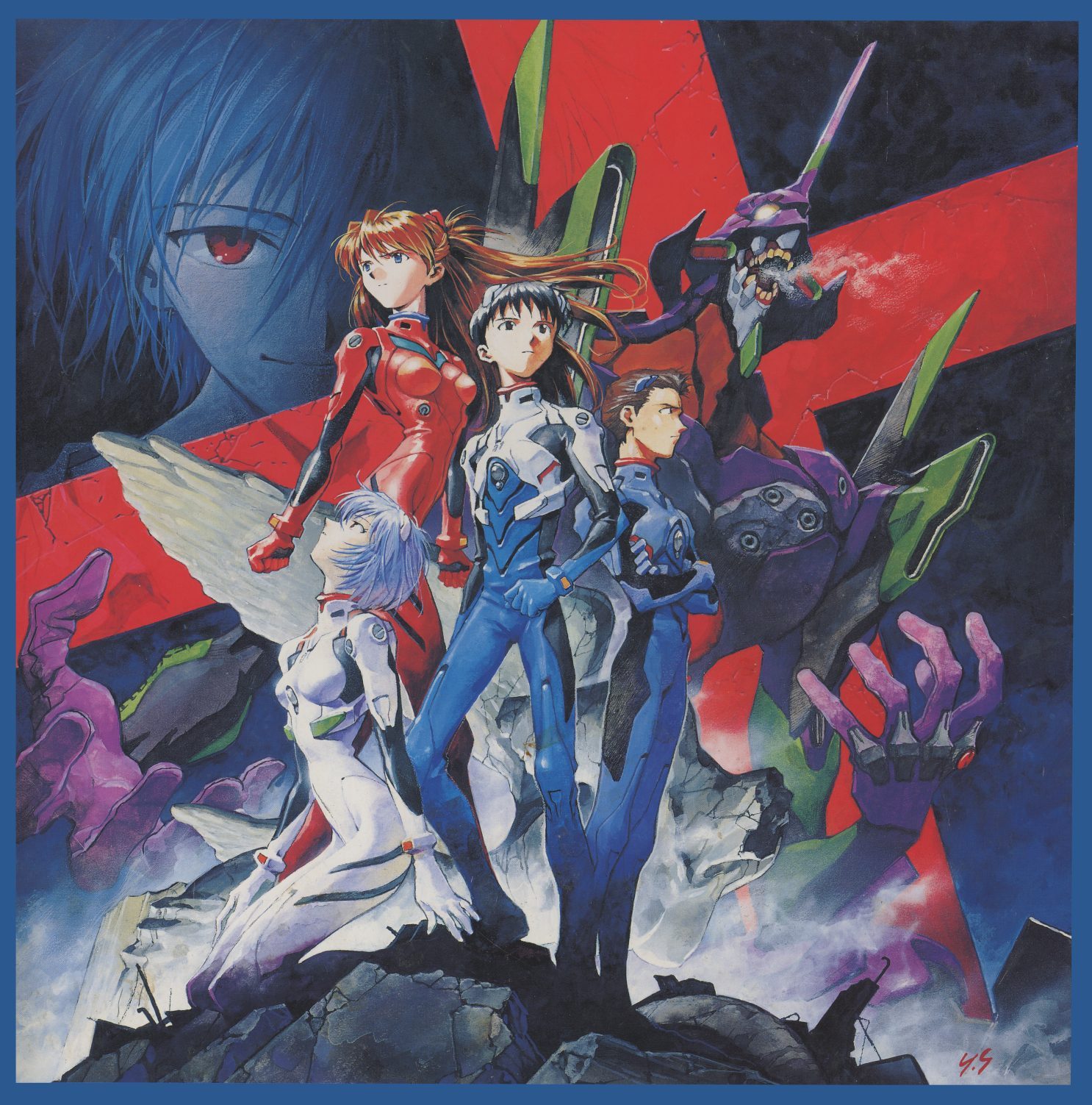 Pilots ensemble — Shinji, Asuka, and Rei in plugsuits with Eva-01 behind them. Key art used across promotional materials for the Genesis 0:X series. Red diagonal slash across the composition. The three children in fighting posture, which is the only posture the promotional art ever shows them in.