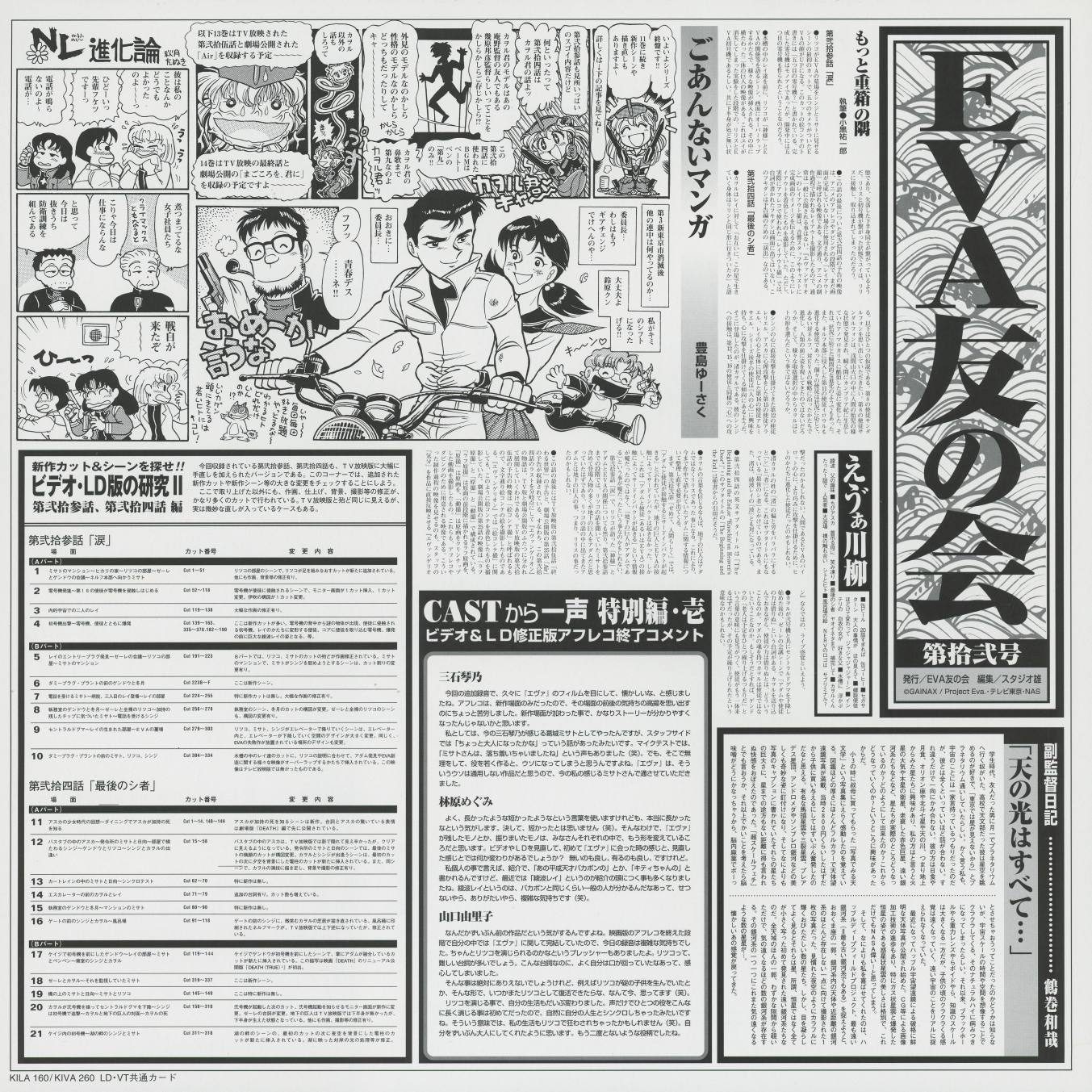 EVA友の会 第拾弐号 — Vol 12 newsletter. 'ビデオLD版の研究II' — frame comparison continued, episodes 23–24. 'CASTから一声 特別編 壱' — extended cast comment section. 'えうぁ川柳' with late-series haiku. The penultimate newsletter. The research series reached the episodes that split the audience.