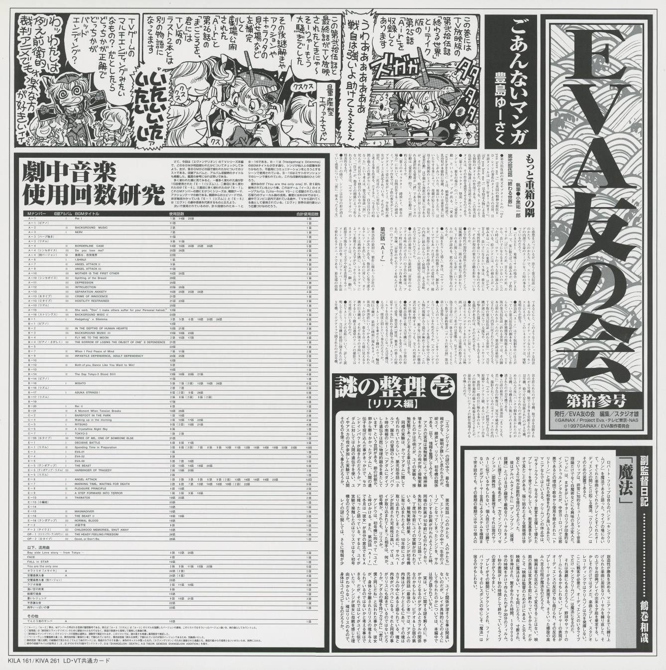 EVA友の会 第拾参号 — Vol 13 newsletter. '劇中音楽使用回数研究' (In-Series BGM Usage Count Research) — a complete table tracking how many times each piece of music appeared across all 26 episodes. 謎の整理 [リリス編] — the Lilith mystery resolved. The penultimate-to-last issue turns data analysis into a form of mourning.