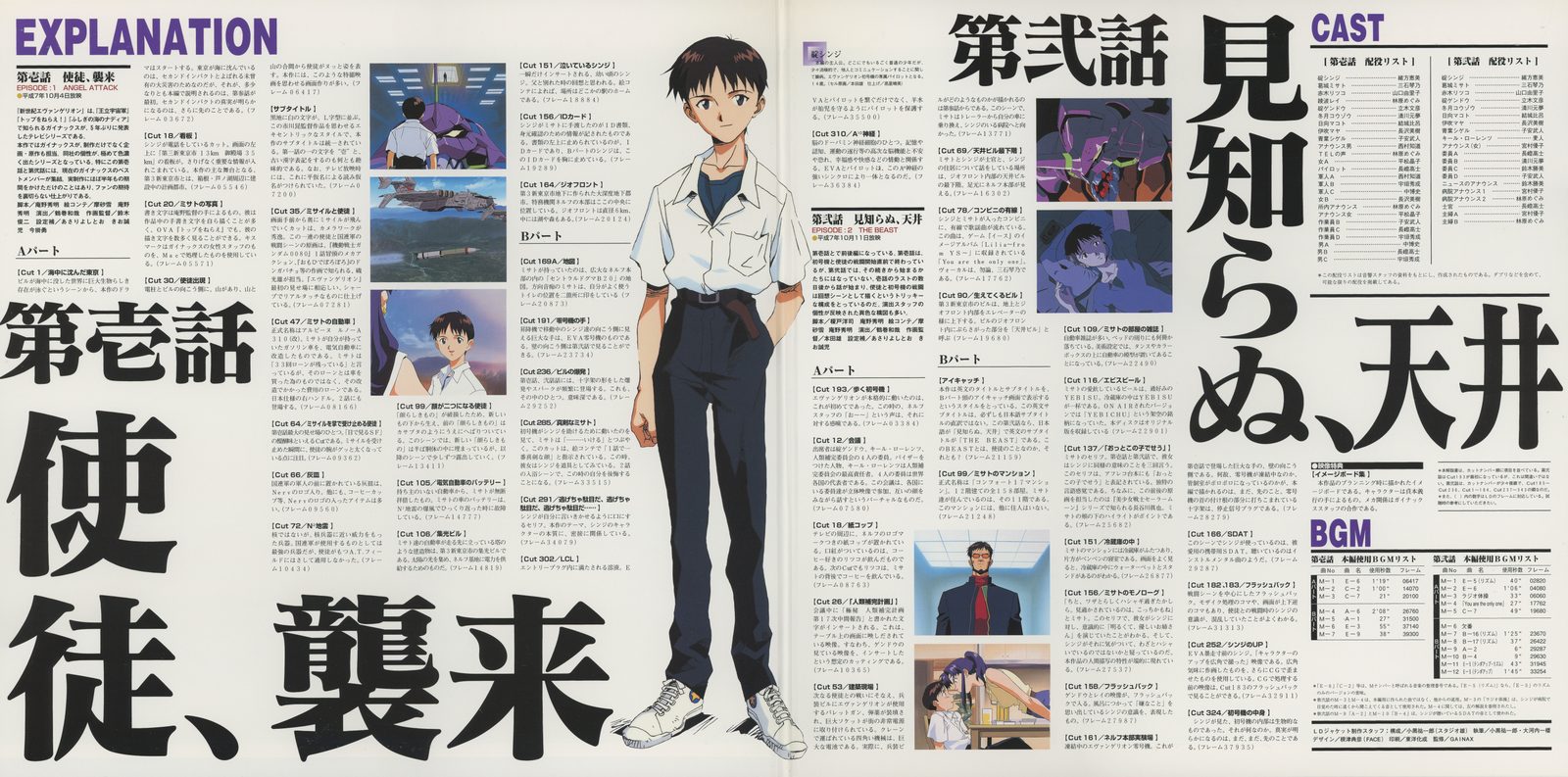 Gatefold interior — Genesis 0:1. EXPLANATION: 第壱話 '使徒、襲来' (Angel Attack) and 第弐話 '見知らぬ、天井' (The Beast). Shinji in civilian clothes, no plugsuit — the first gatefold shows him before he becomes a pilot. BGM and CAST for episodes 1–2. KILA-148.