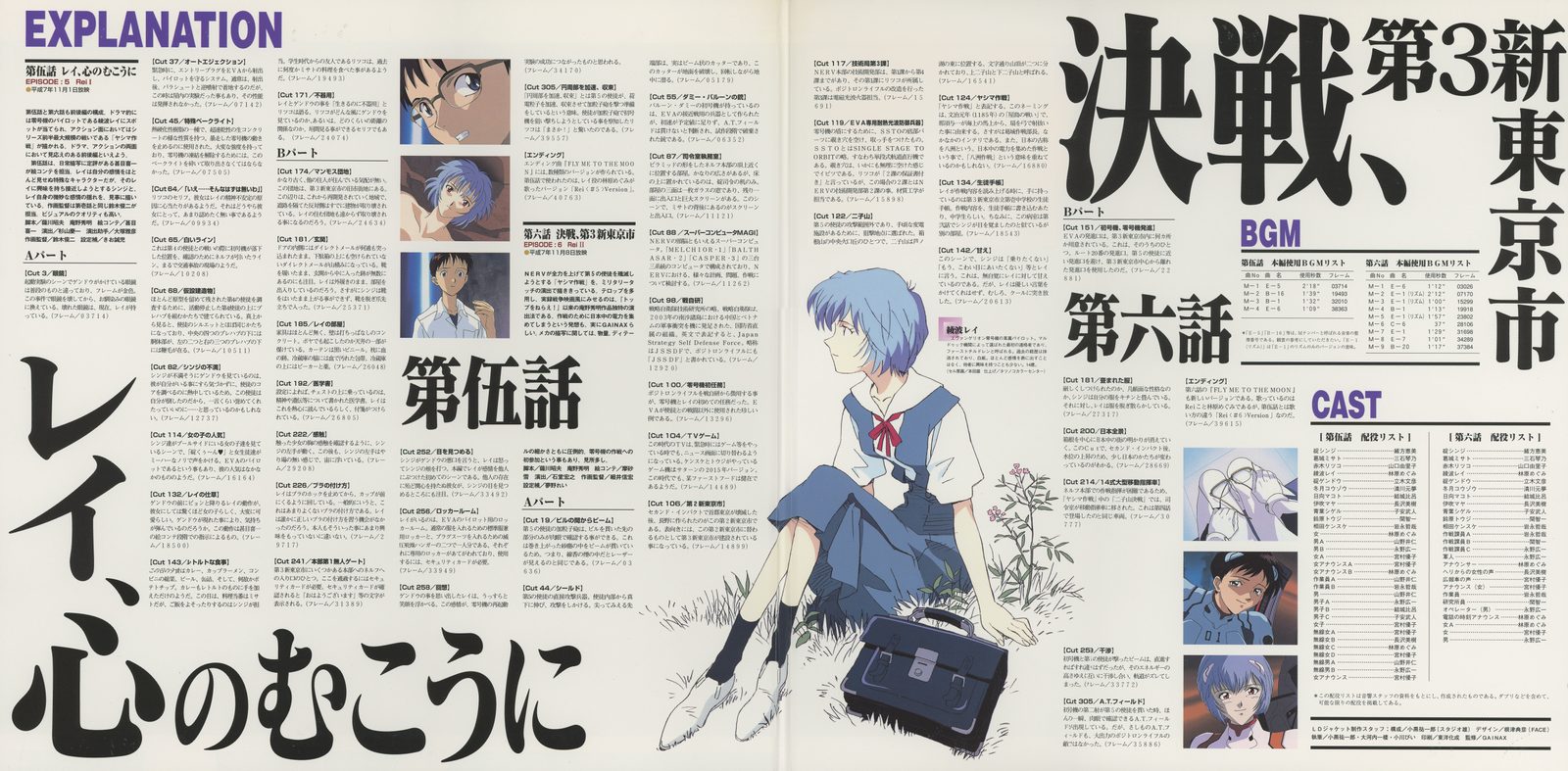 Gatefold interior — Genesis 0:3. 第伍話 'レイ、心のむこうに' (Rei I) and 第六話 '決戦、第3新東京市' (Showdown in Tokyo-3). Rei in school uniform, sitting in a field — the opposite of the cover's clinical white plugsuit. The gatefold draws the person the jacket withholds. KILA-150.