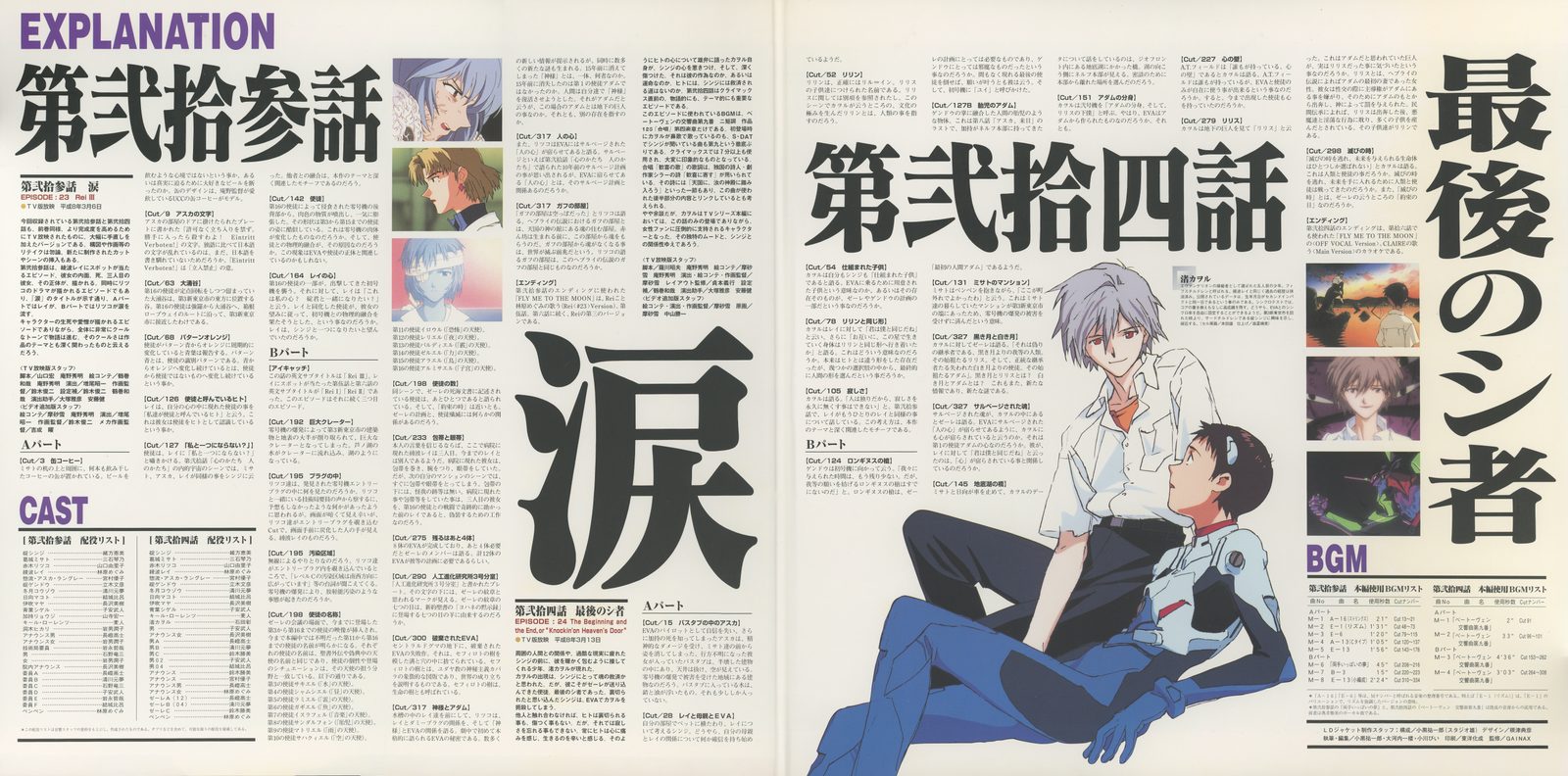 Gatefold interior — Genesis 0:12. 第弐拾参話 '涙' (Rei III) and 第弐拾四話 '最後のシ者' (The Last Apostle). Shinji holding the unconscious Kaworu in his arms — the most explicitly intimate image in the entire gatefold series. Episode 24 reduced to the moment of its consequence.