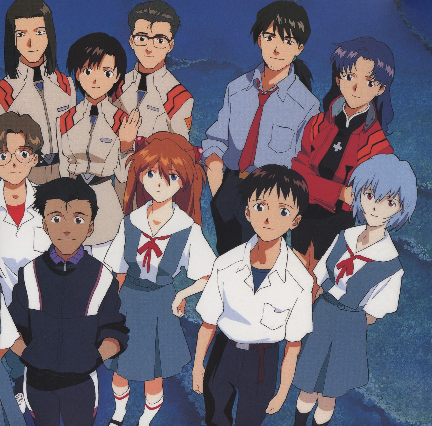 School cast ensemble. Students and core NERV staff in civilian clothes — Shinji, Asuka, Rei, Toji, Kensuke, Hikari in school uniforms; Misato, Kaji, Ritsuko, Maya in the back row; Kaworu at the edge. The cast as people, not pilots. An image the series itself could never hold.