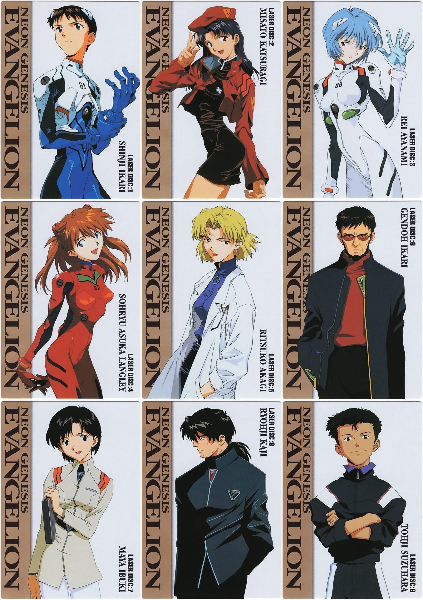 Carddass Masters character portrait cards (9 of 18) — Shinji, Misato, Rei, Asuka, Ritsuko, Gendoh, Maya, Kaji, and Toji. Each card reproduces art from the original TV series LaserDisc jacket covers (Laser Disc:1 through Laser Disc:9). Bandai, 1998.