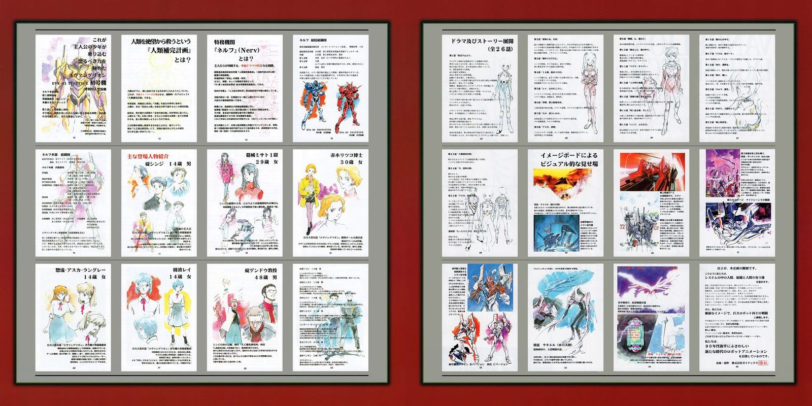 Liner notes spread — 12 production art panels covering character design lineage, Angel concepts, image boards, and mecha drafts. Each panel pairs rough sketches with finished key art, documenting how Evangelion's visual language was constructed from first principles.