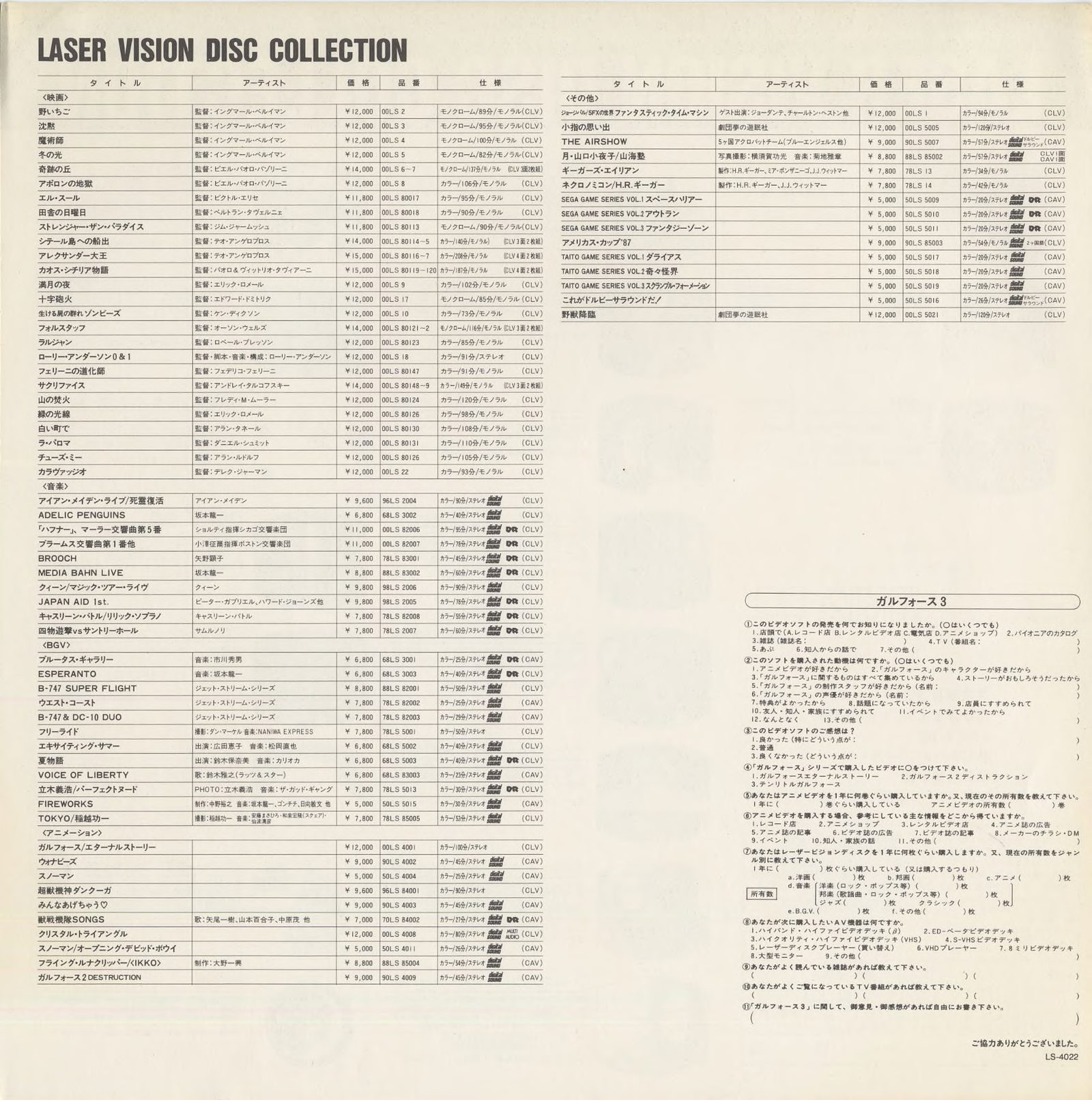 SONY LASER VISION DISC COLLECTION insert, full price-list page. Sony Video Software, 1988. Four-column table (タイトル / アーティスト / 価格 / 品番 / 仕様) across 映画, 音楽, BGV, and アニメーション sections. Right column: ガルフォース3 reader questionnaire (5 questions on purchase channel, discovery channel, and media interest). Catalog reference LS-4022 at questionnaire base.