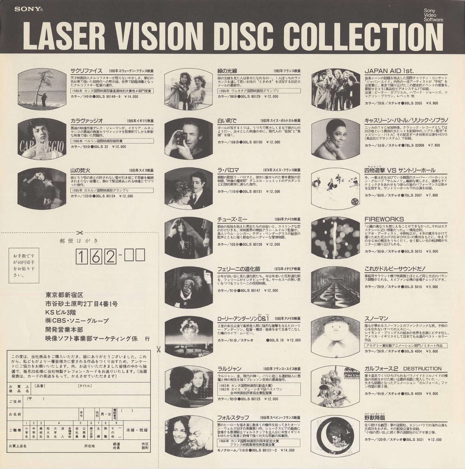 SONY LASER VISION DISC COLLECTION insert, condensed catalog page. Sony Video Software, 1988. Thumbnail format with title images and short descriptions across film, music, and animation. アニメーション section at lower left. Mail-order response form at lower center addressed to CBS・ソニーグループ 映像ソフト事業部マーケティング係.