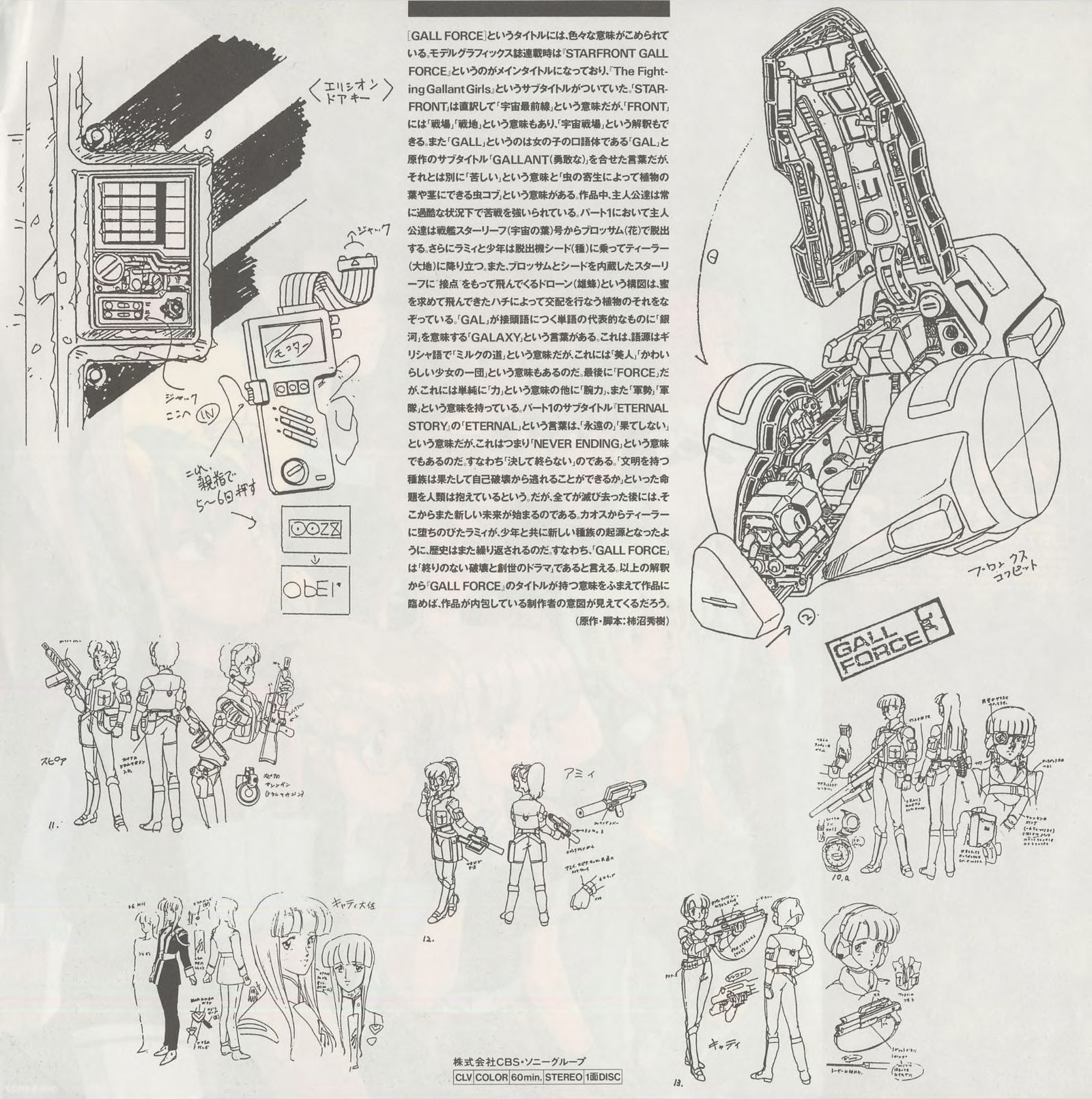 Production insert, 90LS4022. Single page, white stock. Dense Japanese liner text at left: production notes covering GF3's narrative position in the trilogy. Right: rough-pencil character sketch art: civilian-dress cast groupings, vehicle sketches, standing pose variants for GF3-original characters. Working-drawing style, same register as production settei. ©1988 MOVIC・CBS・ソニーグループ.