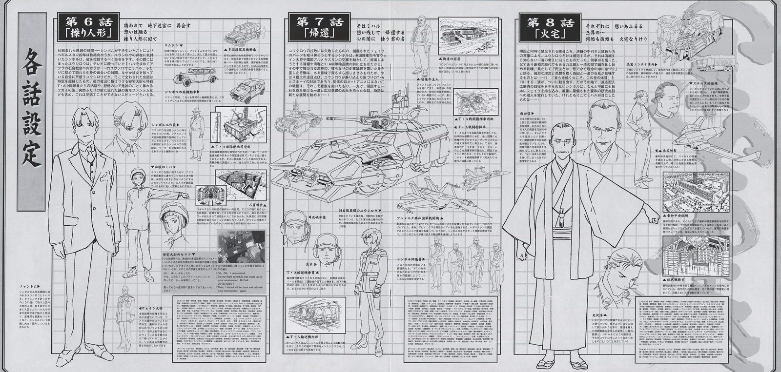 各話設定 spread — episodes 第6話「操り人形」, 第7話「帰還」, 第8話「火宅」. Three-panel fold from the Vol.3 booklet. Character settei (full figure + costume breakdown), mecha reference, location design notes. Episode titles and haiku-line text blocks above each panel.