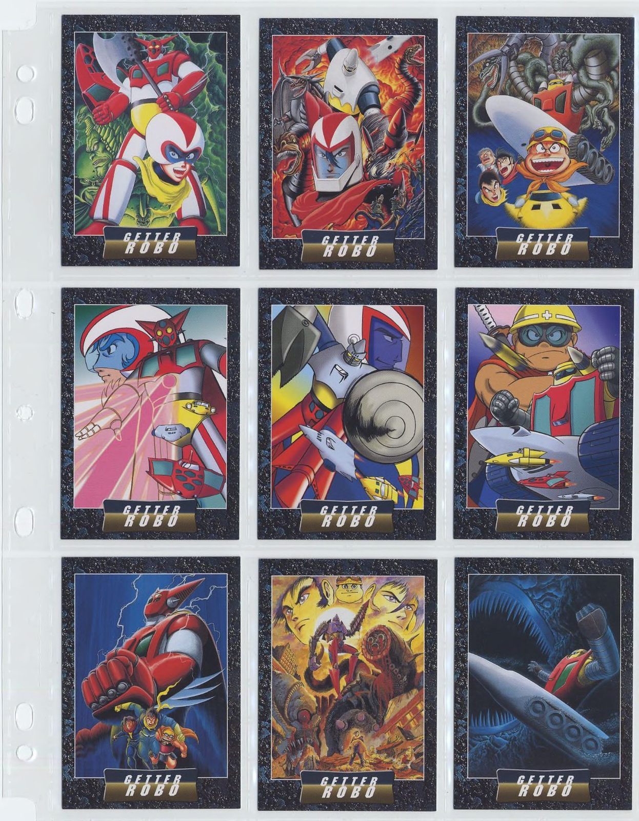 Nine non-sale AMADA collector cards (L-01 through L-09), front faces, stored in binder sleeve. Color artwork of the three Getter configurations and six characters, branded 東映スーパーロボット列伝 ゲッターロボ. 非売品. Printed by AMADA.