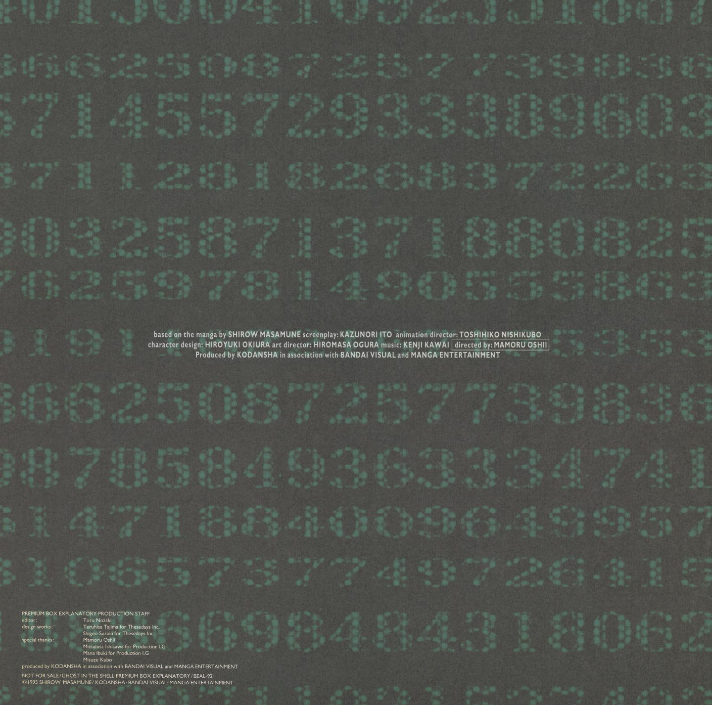 Explanatory booklet back cover. Green number cascade continues — the production credits for the booklet itself listed at bottom left. 'NOT FOR SALE: GHOST IN THE SHELL PREMIUM BOX EXPLANATORY (BEAL-151).' Produced by Kodansha, Bandai Visual, Manga Entertainment.