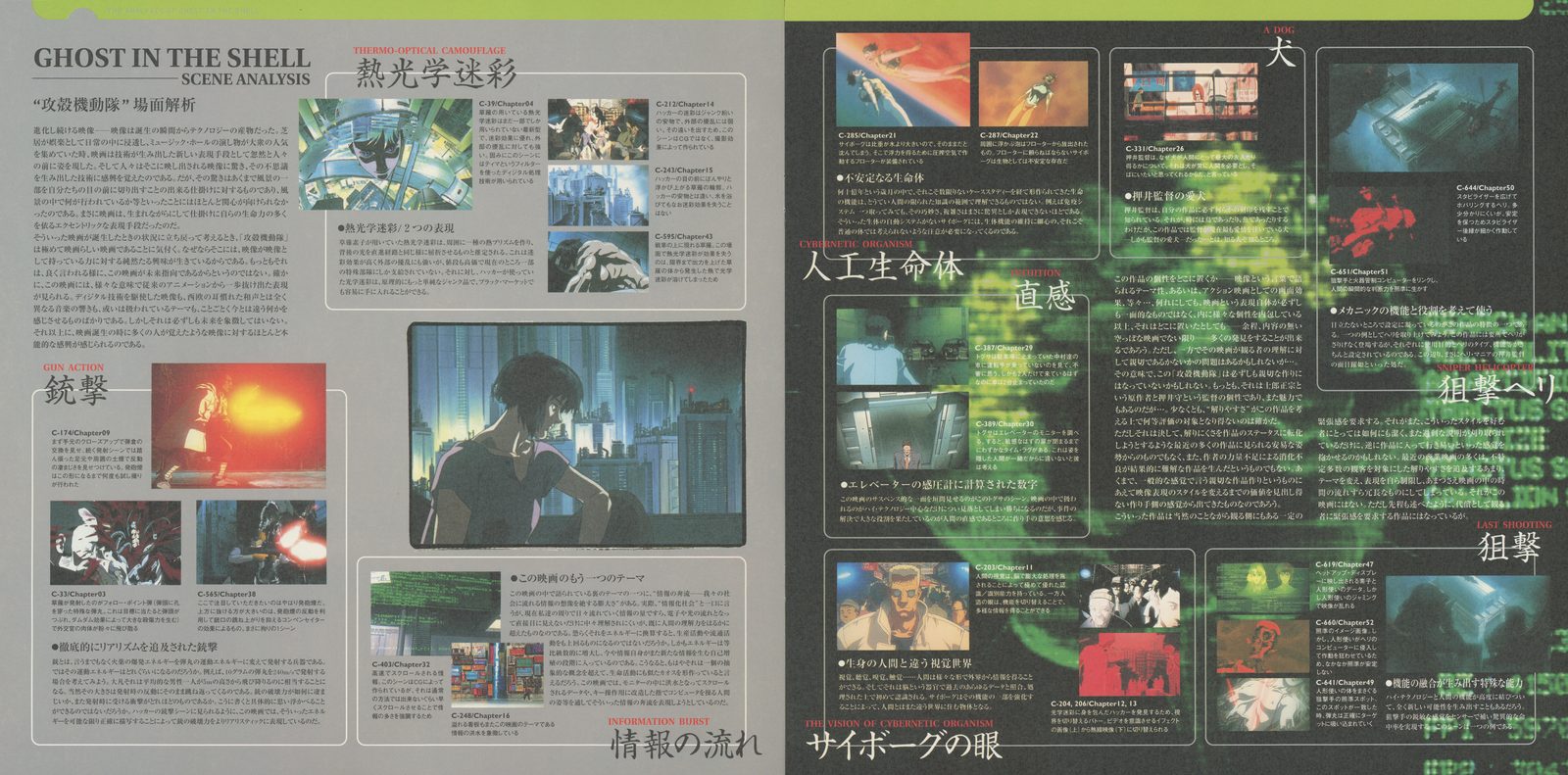 Explanatory booklet — Scene Analysis spread. Frame captures with Japanese annotation: 熱光学迷彩 (thermoptic camouflage), 銃撃 (gunfire), 情報の流れ (information flow), 人工生命体 (artificial life form), 犬 (dog), 狙撃 (sniping), サイボーグの眼 (cyborg's eye). Each entry pairs screen captures with production-level explanation.
