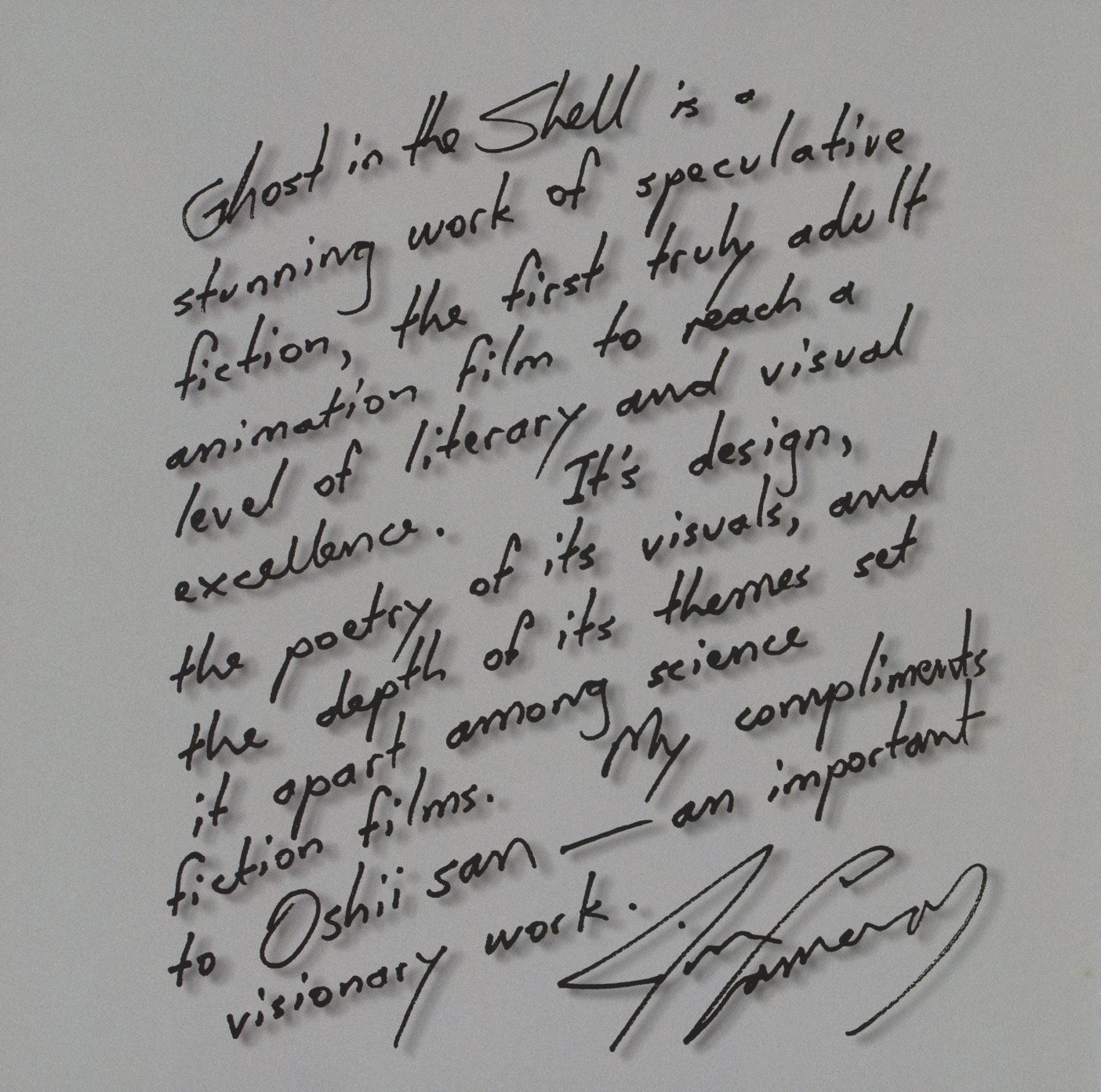 James Cameron's handwritten endorsement — original English. 'The first truly adult animation film to reach a level of literary and visual excellence.' Signed. Included loose in the Premium Box as a single sheet.