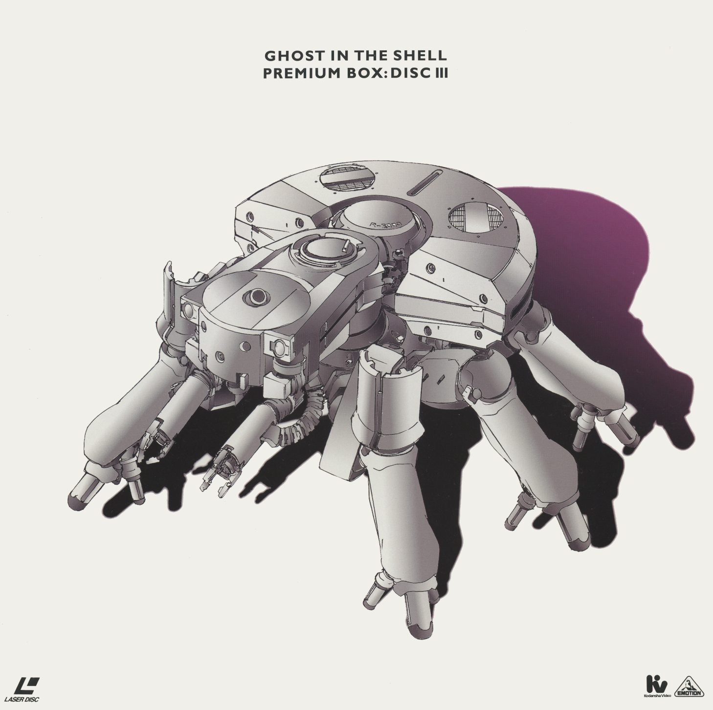 Disc III jacket front. A Fuchikoma think-tank — the multi-legged tactical unit from Shirow's manga, rendered in neutral gray against white. Industrial design illustration. 'PREMIUM BOX: DISC III.'