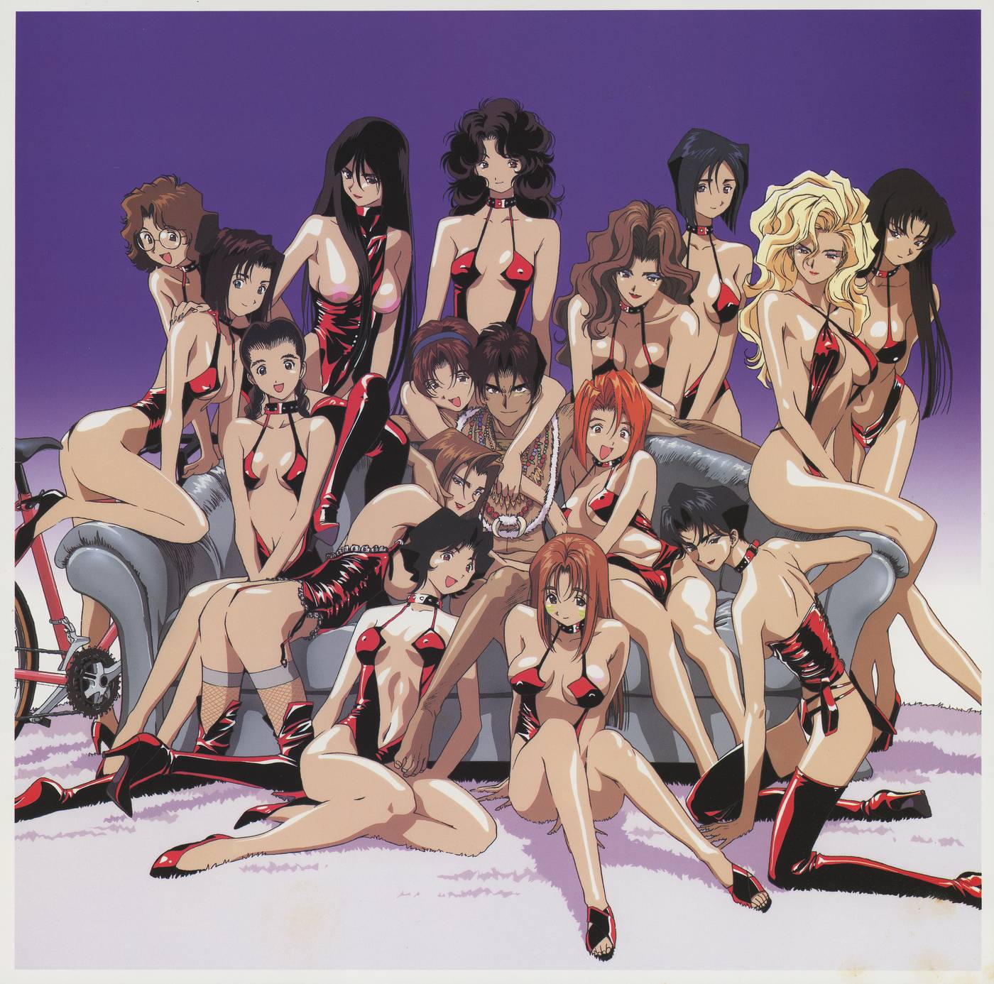 Box insert — Egawa color illustration: all six episode heroines assembled in matching red and black outfits. NOT FOR SALE. Came with the Vol.1 first pressing box.