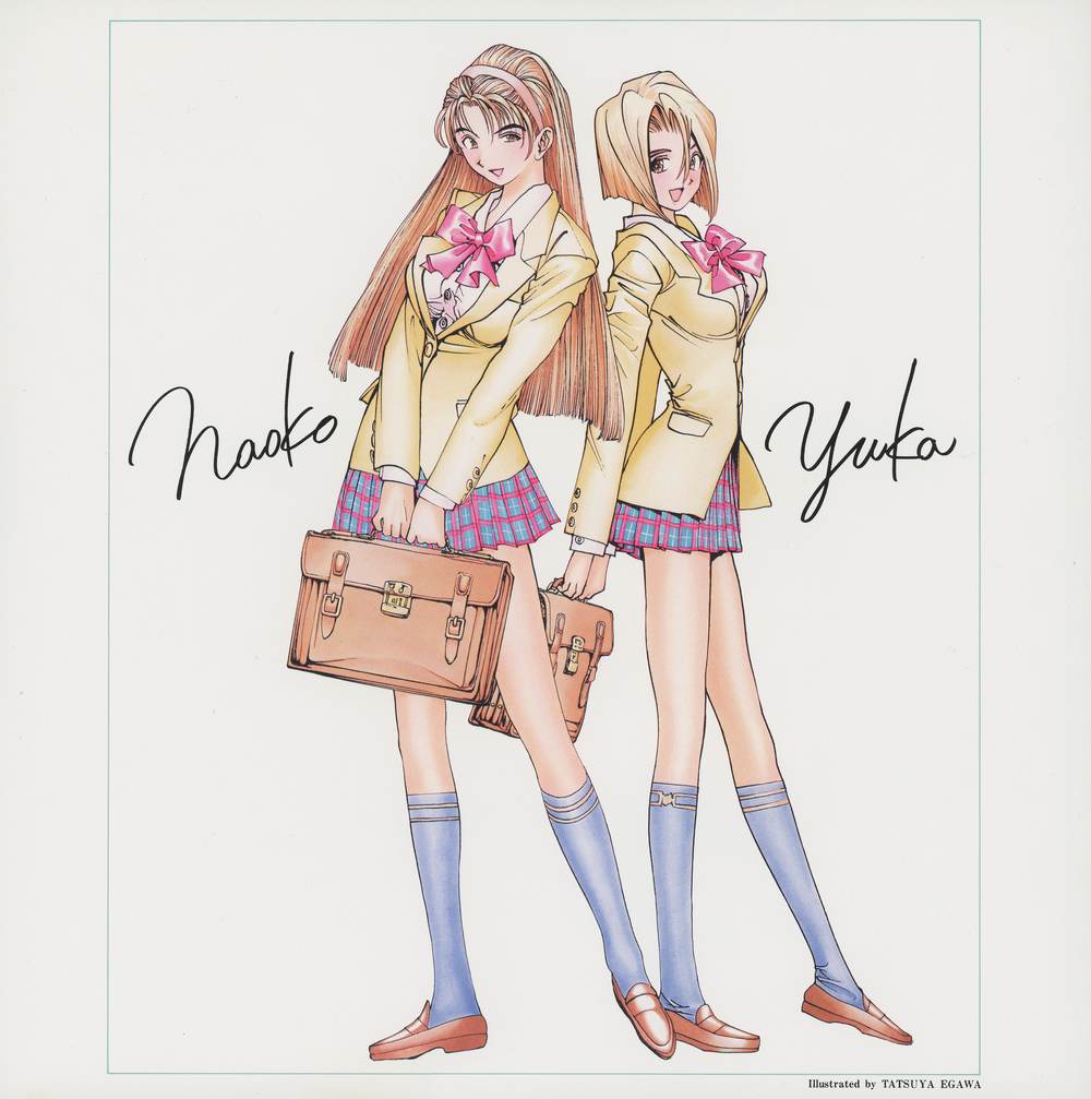 Vol.2 insert — Egawa color illustration: Naoko and Yuka in matching school uniforms. Named in cursive. Illustrated by TATSUYA EGAWA.