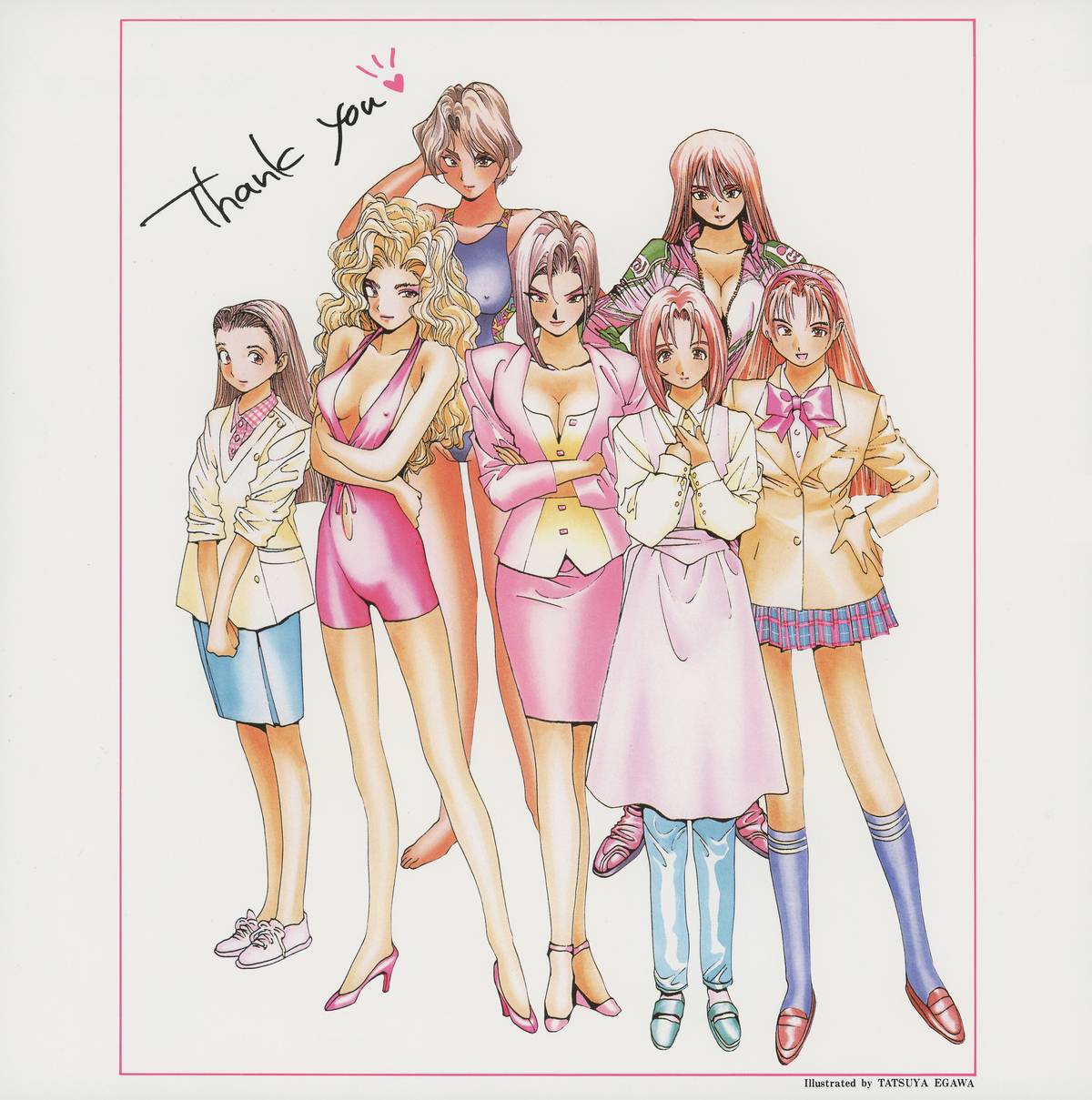 Vol.6 insert — Egawa final illustration: all six episode heroines assembled under the handwritten caption 'Thank you♥'. Every heroine in ordinary clothing. The series goodbye from the original creator. Illustrated by TATSUYA EGAWA.