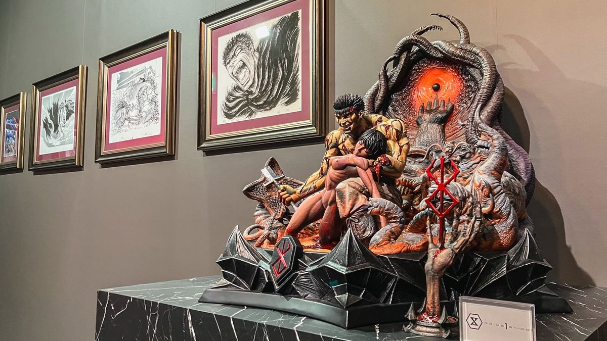 Seoul edition at AK PLAZA Hongdae (October 2024 &ndash; January 2025) &mdash; Prime 1 Studio's Eclipse sculpture with Guts and Casca, alongside framed original artwork