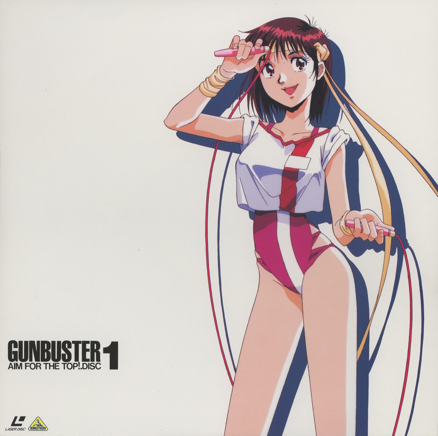 Disc 1 jacket front. Noriko in school training leotard — jump rope in hand, saluting. Clean white background, no scene context. 'GUNBUSTER 1 AIM FOR THE TOP! DISC.' Character illustration by Toshiyuki Kubooka.