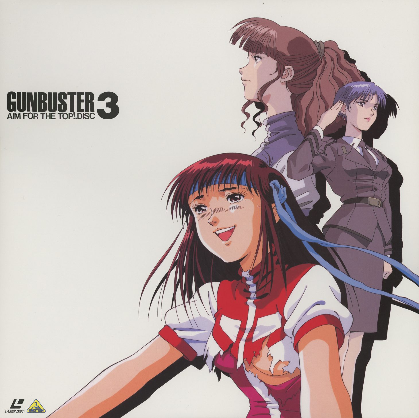 Disc 3 jacket front. Noriko, Kazumi, and Jung — the three Gunbuster pilots together, but in school uniforms, not cockpits. Noriko reaches forward. 'GUNBUSTER 3 AIM FOR THE TOP! DISC.'