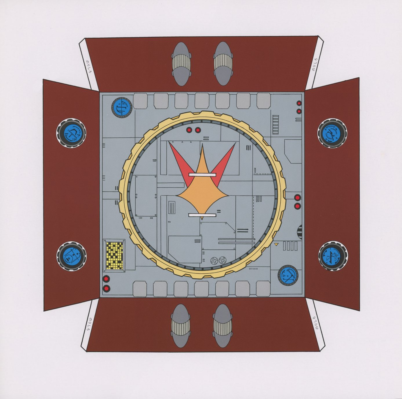 Kirinuki Book interior. Top-down papercraft of the Exelion command bridge — fold-out stations, circular main console with the four-pointed star insignia, thruster pods at the cardinal positions. Designed to be cut out and assembled.