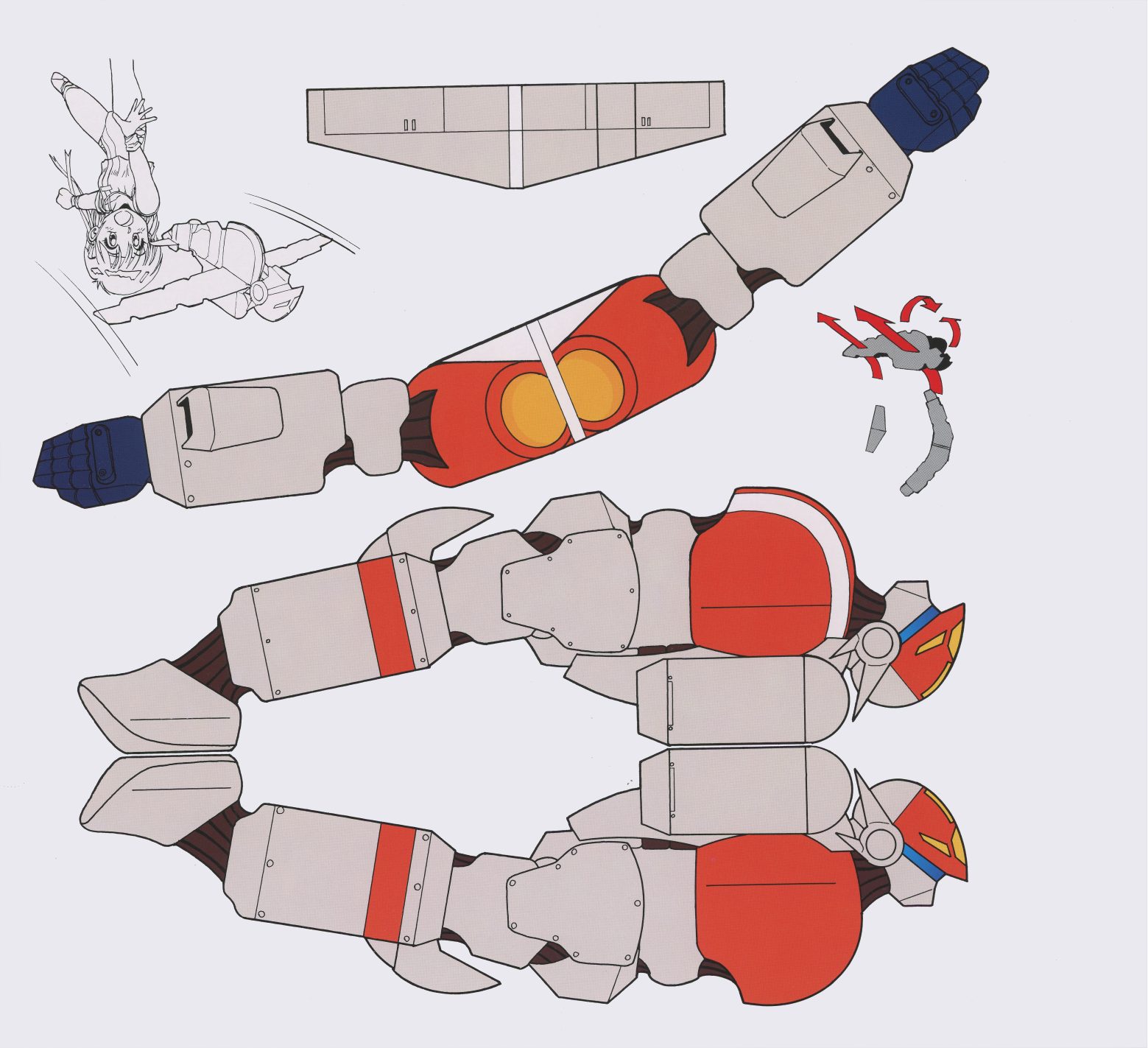 Kirinuki Book interior. Gunbuster mecha cutout — the full super robot in foldable form, with Noriko figure for scale. Arms, legs, torso panels designed for paper assembly.
