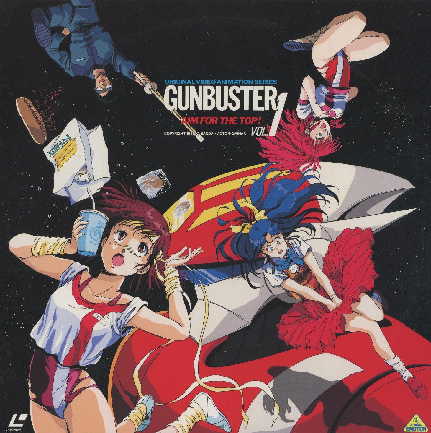 Original Vol. 1 jacket front (BEAL-207, October 1988). Zero-gravity comedy — the cast tumbling through space with snacks and loose shoes. 'ORIGINAL VIDEO ANIMATION SERIES / GUNBUSTER AIM FOR THE TOP! VOL.1.' The jacket that introduced Gunbuster as a comedy.