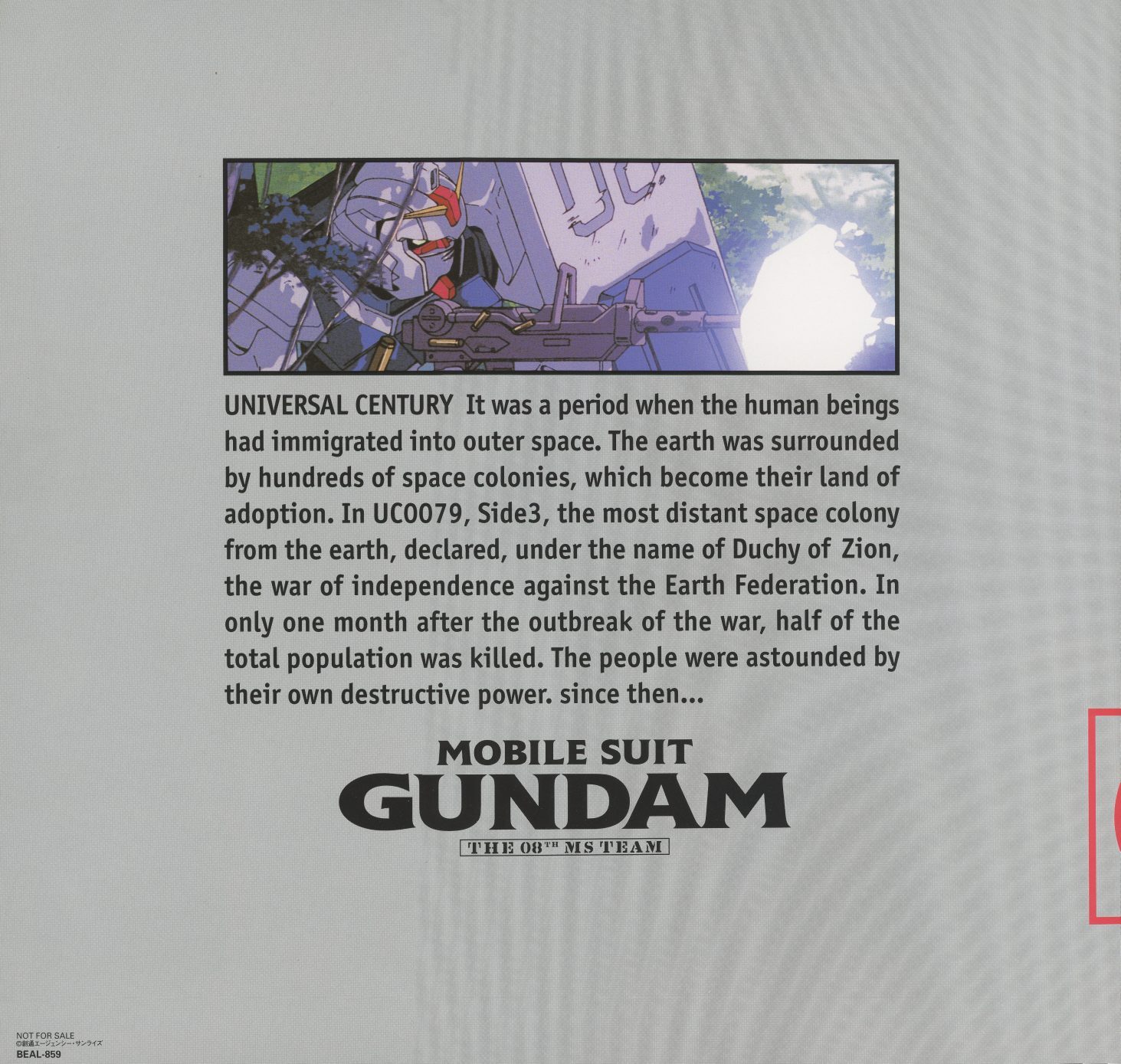 Booklet back cover (BEAL-009). The Universal Century opening text in English: 'It was a period when the human beings had immigrated into outer space...' NOT FOR SALE. The complete-purchase bonus that only exists for buyers who followed the release through all ten volumes.