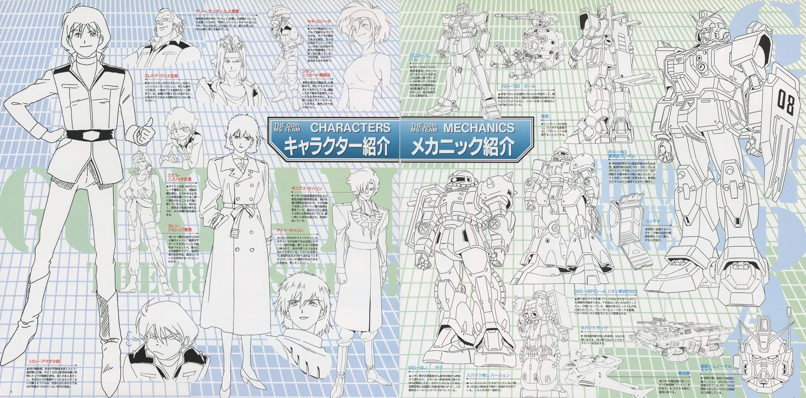 Booklet spread: キャラクター紹介 / メカニック紹介 (Characters Introduction / Mechanics Introduction). Full-body character lineup at model-sheet scale alongside mobile suit three-views. Kawamoto's character designs and Katoki's mechanical designs presented as a unified reference.