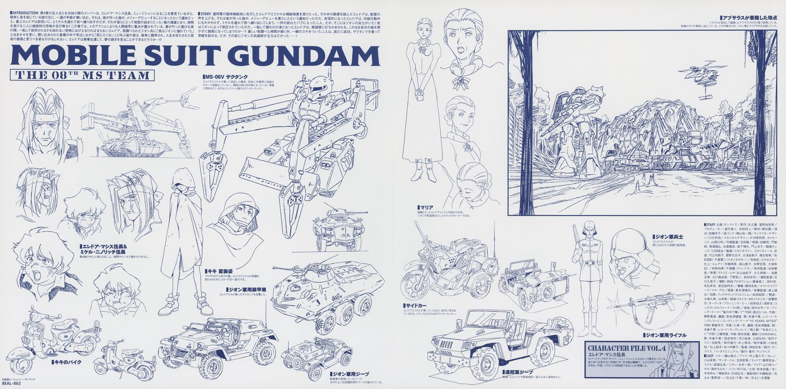 CHARACTER FILE VOL.4 — blue ink (second use, distinguished from Vol.1 by content). New mobile suit variants, additional Zeon ground forces, civilian character designs, and expanded vehicle settei.