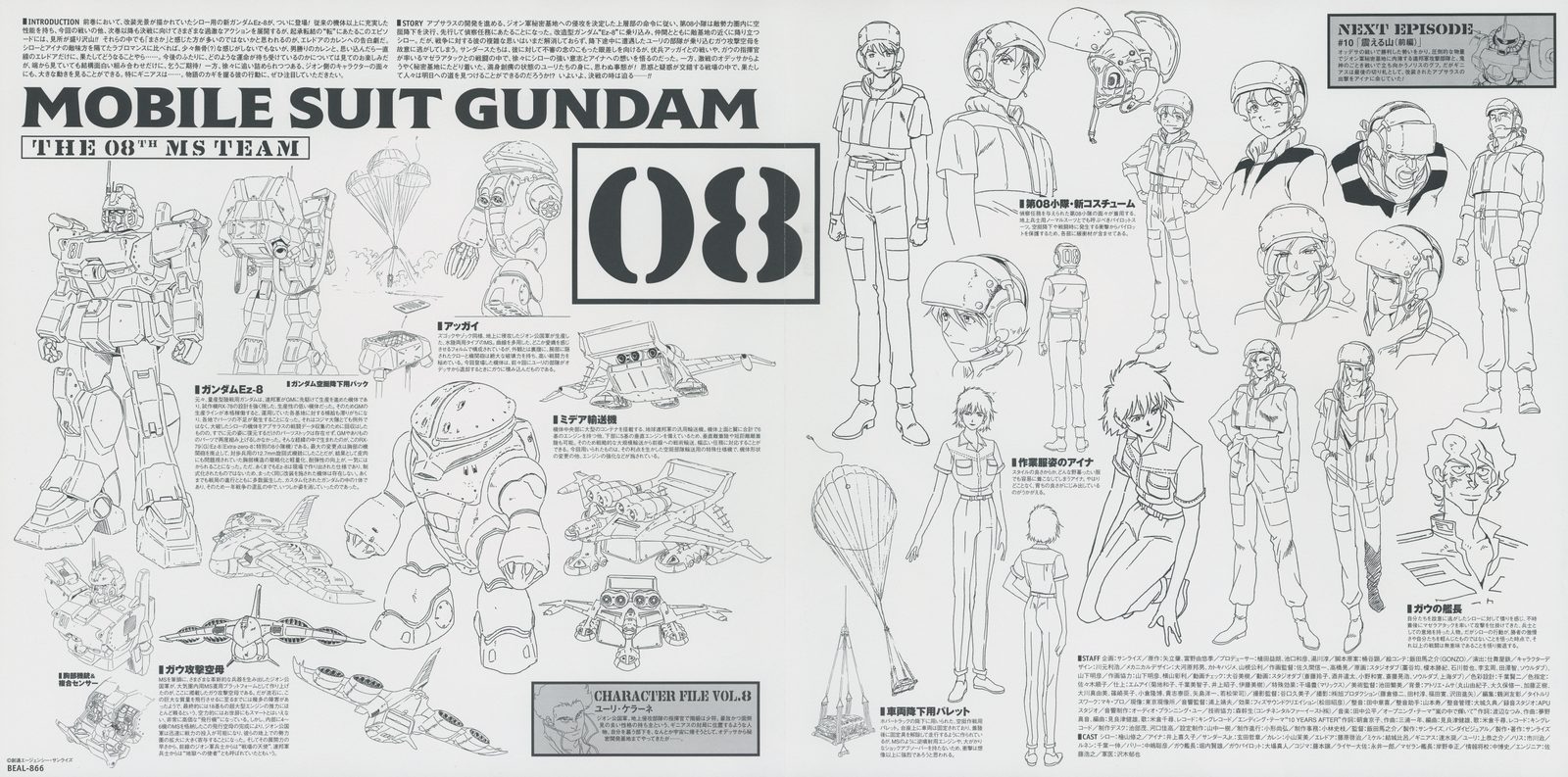 CHARACTER FILE VOL.8 — teal/green ink. Gundam Ez-8 redesign three-view (the field-modified RX-79[G]), Apsaras III development, Shiro and Aina in late-series costumes, parachute deployment settei.