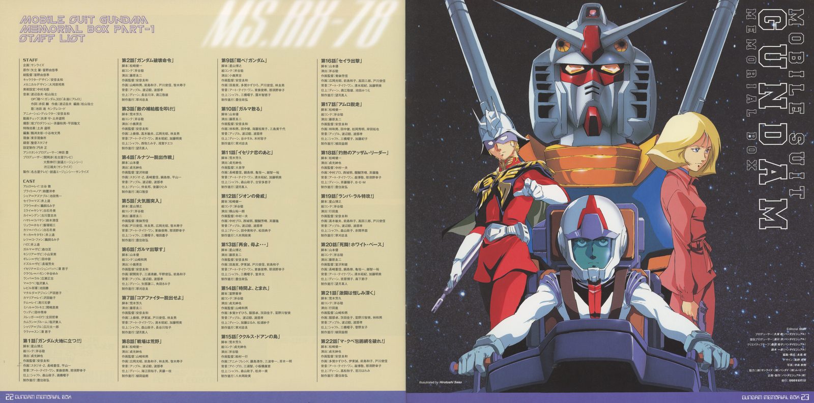 MOBILE SUIT GUNDAM MEMORIAL BOX PART-1 STAFF LIST. Complete episode-by-episode credits for all forty-three episodes. MS RX-78 header illustration. Amuro, Char, and Sayla group painting at right — the three characters who carry the series' dramatic weight, presented together one final time.