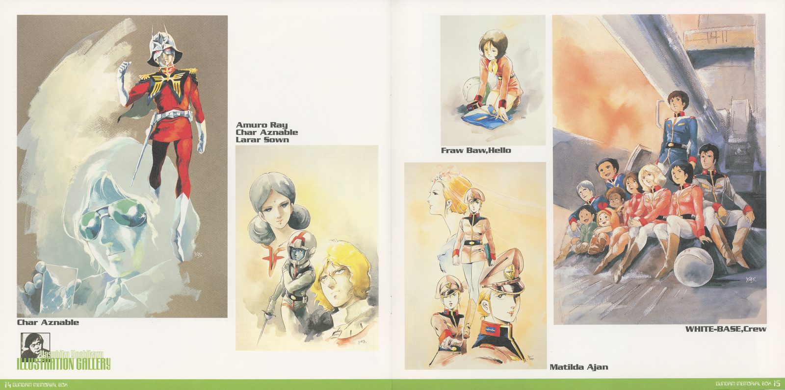 Yasuhiko ILLUSTRATION GALLERY continued. Six paintings: Char Aznable saluting, Amuro/Char/Lalah Newtype vision, Fraw Bow and Haro, Matilda Ajan, WHITE BASE Crew ensemble. Yasuhiko's watercolor painting style — the hand that drew every key frame of the original series, revisiting his characters twenty years later.