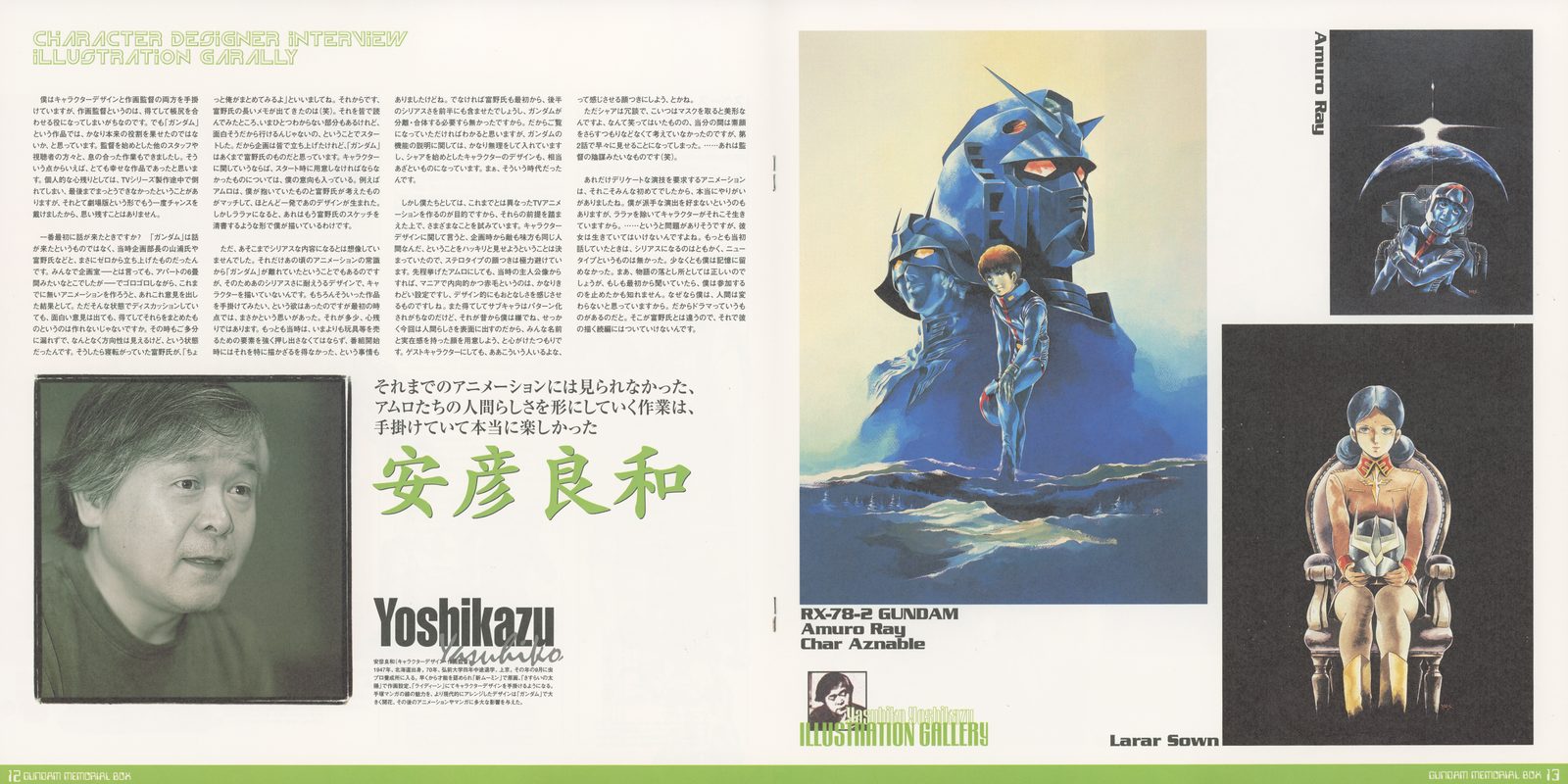 CHARACTER DESIGNER INTERVIEW / ILLUSTRATION GALLERY — 安彦良和 Yoshikazu Yasuhiko. Portrait photograph, interview text, and four Yasuhiko paintings: Char Aznable in dress uniform, Amuro/Char/Lalah trinity, Fraw Bow with Haro, Lalah Sune.